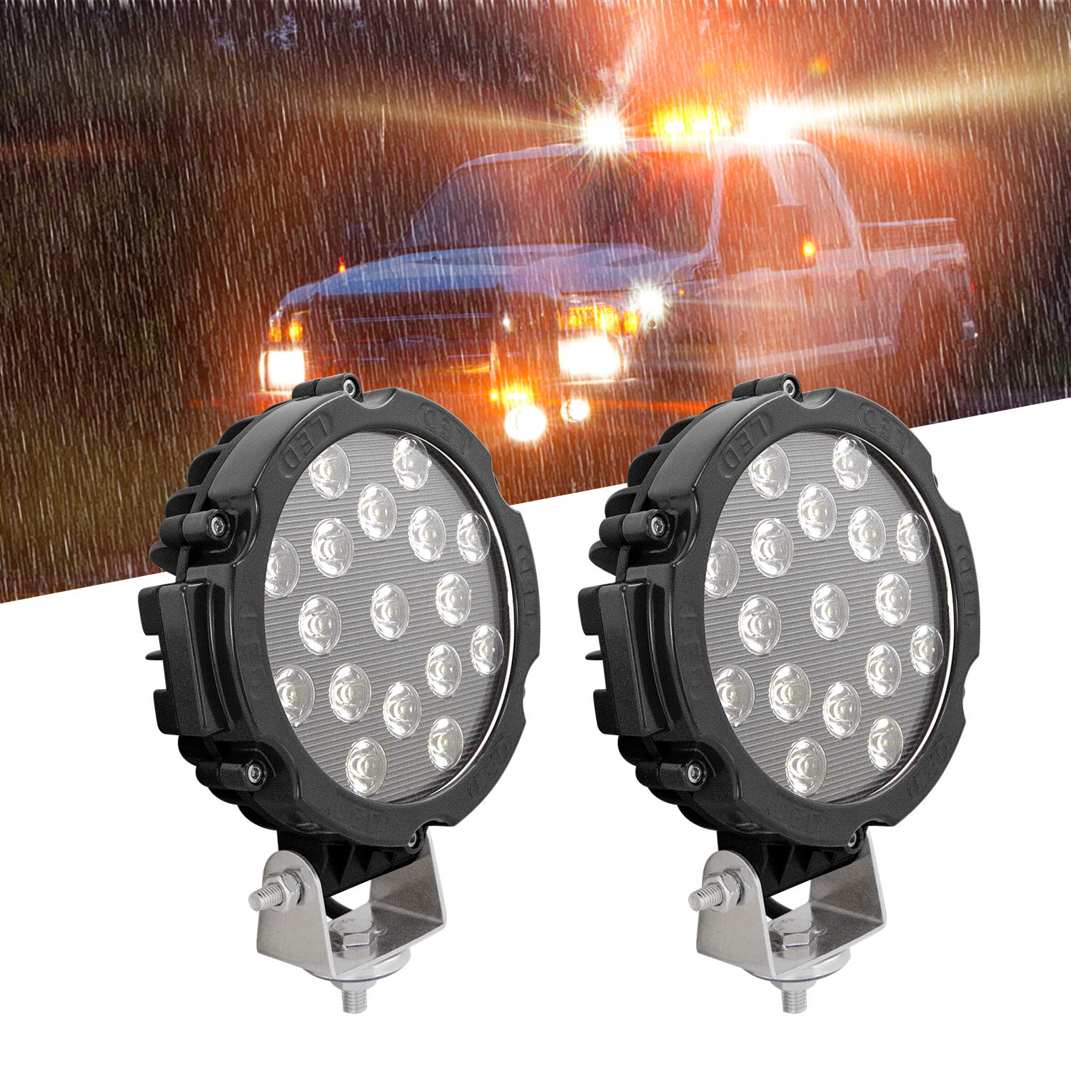 RIGIDON 2 Pcs faros trabajo led redondo, 7 pulgadas 51W Negro Spot lámpara de conducción 12V 24V foco led tractor impermeable para off road camión coche ATV UTE SUV 4x4, 6000K faros antiniebla