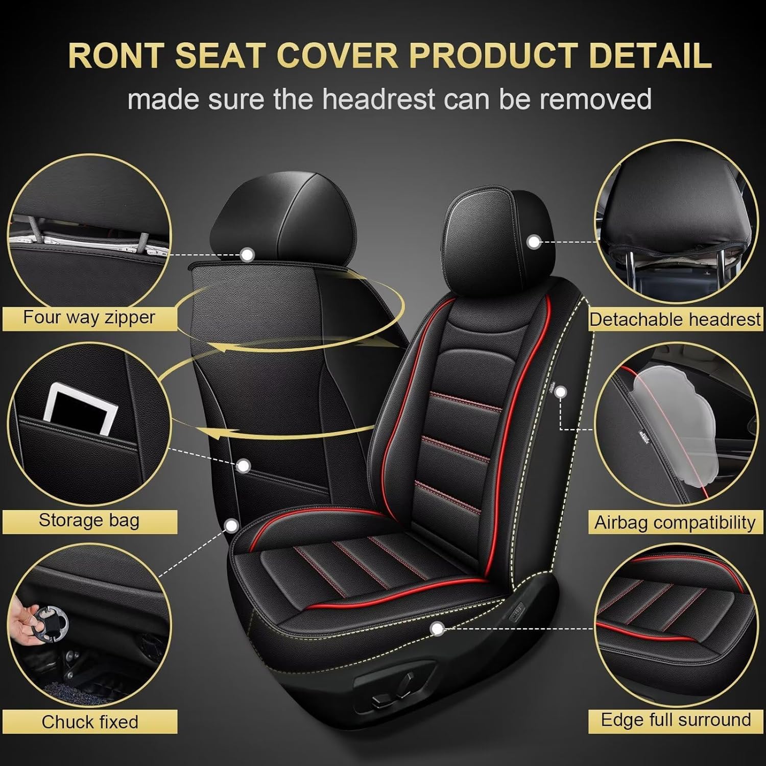 car seat covers fit for gmc canyon 2015-2025 2026: canyon crew cab sle denali slt at4 base elevation luxury leather automotive front seat covers, car seat protector(2pcs front, black&redline) 017 black&redline 2 seat front only