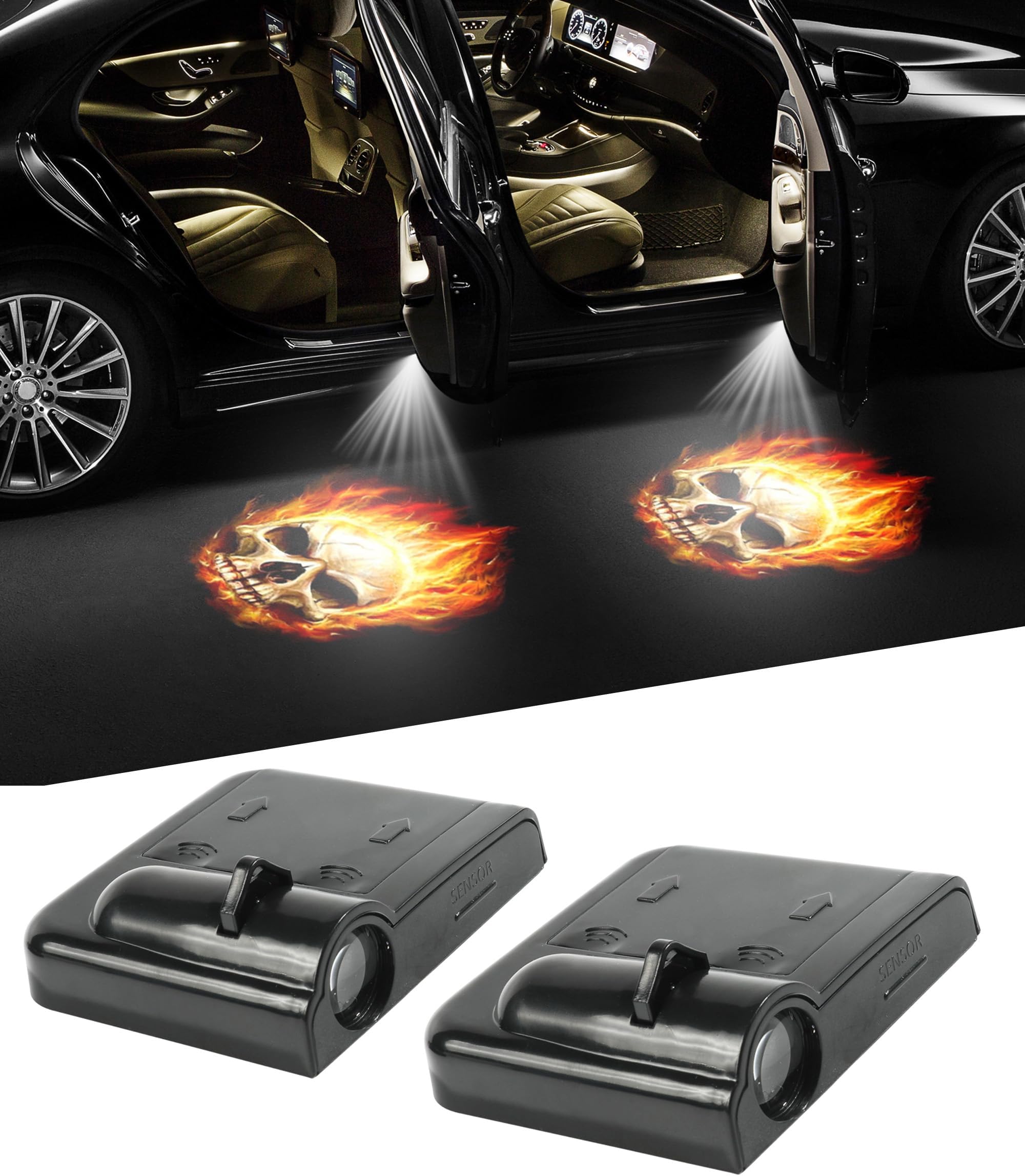 2Pcs Car Door Lights,Door Lights Logo Projector,Car Accessories HD Car Welcome Light,Door Sill Lights Wireless LED Door Paste Courtesy Light,Car Door Lights Logo (Fire Skull)