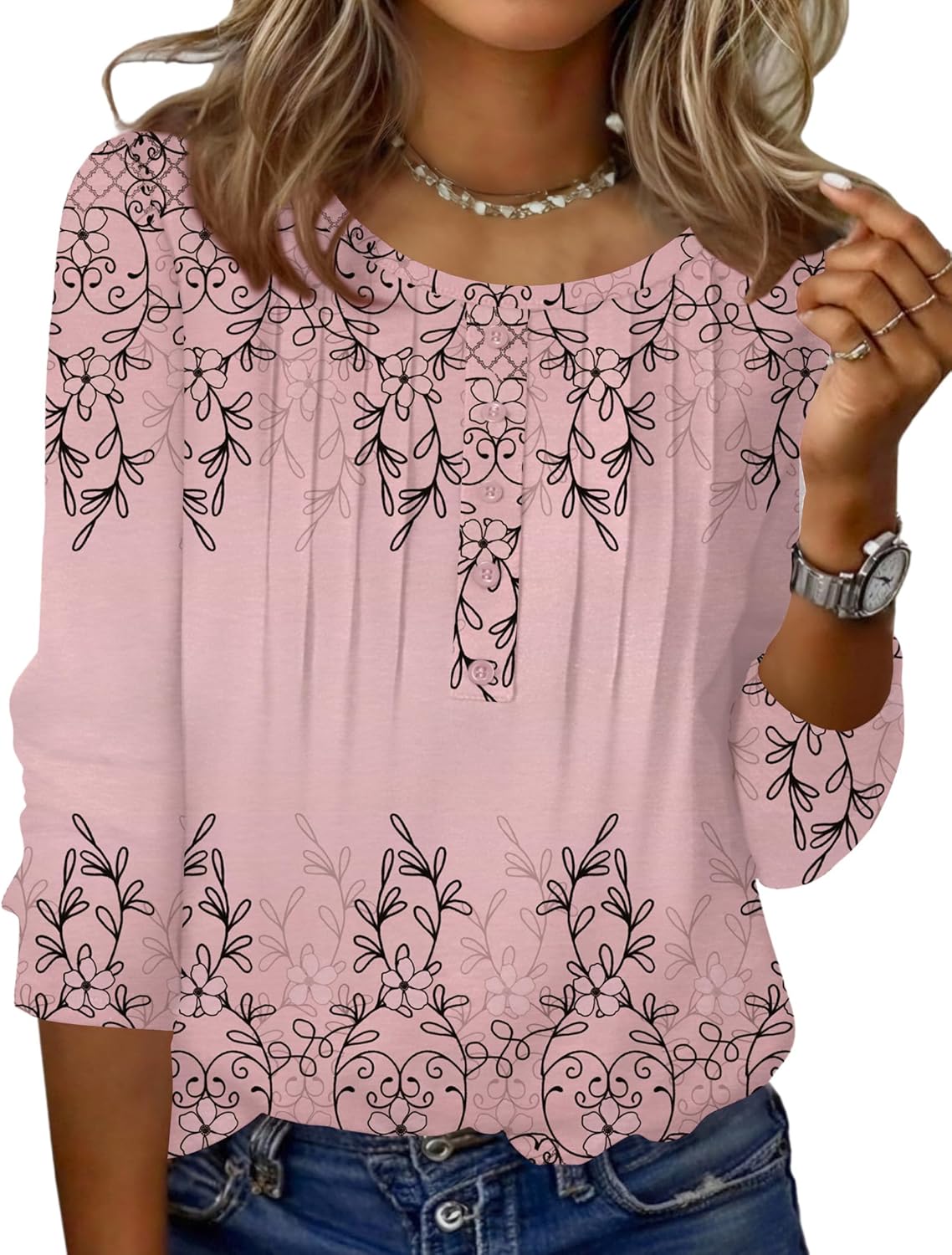 Zeagoo 3/4 Length Sleeve Womens Tops Round Neck Casual Summer Tunic Tops Basic Tees Blouses Dressy T-Shirts Pleated Shirts