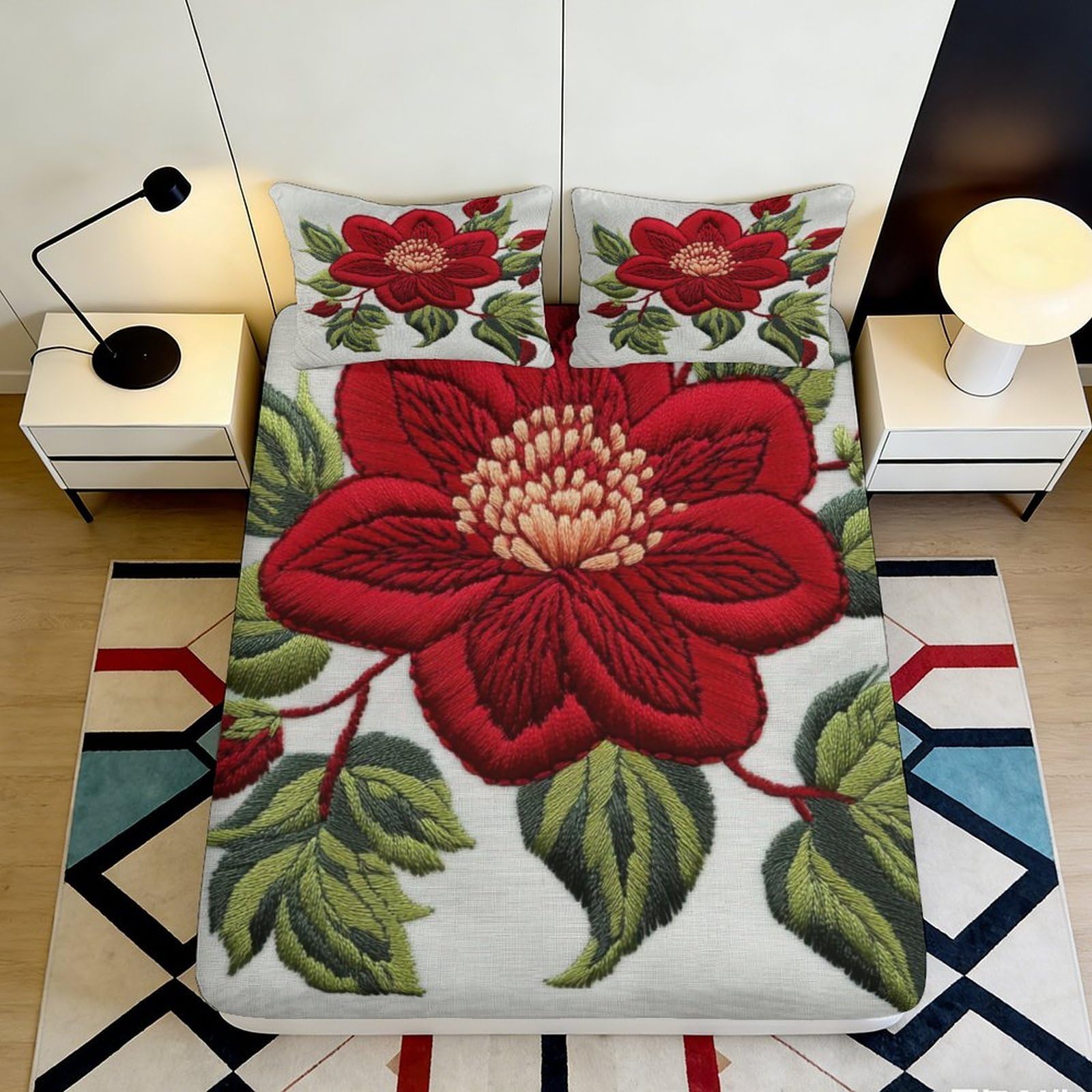 3D Printed Red Flower Fitted Sheet Microfiber Soft Breathable Botanical Leaf Mattress Cover for Bedroom Guest Room Decor 160x200x25cm