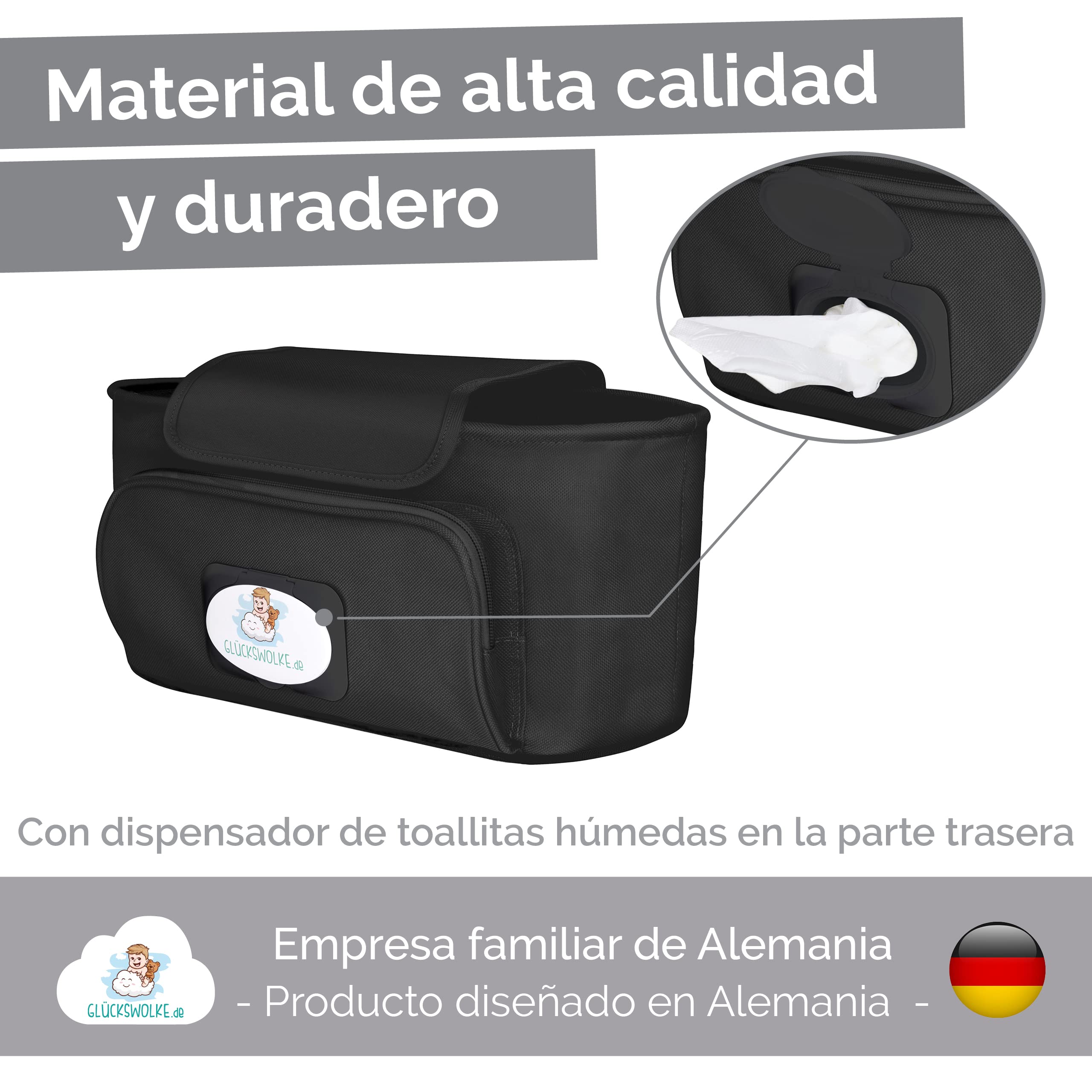 GLÜCKSWOLKE Bolsa Carro Bebe - 12 Motivos I Organizador para Coches de Paseo I Accesorios para Cochecito para Mama I Bolso Carrito I Bolsos Sillas de Paseo I Motivo Elefante (Negro)