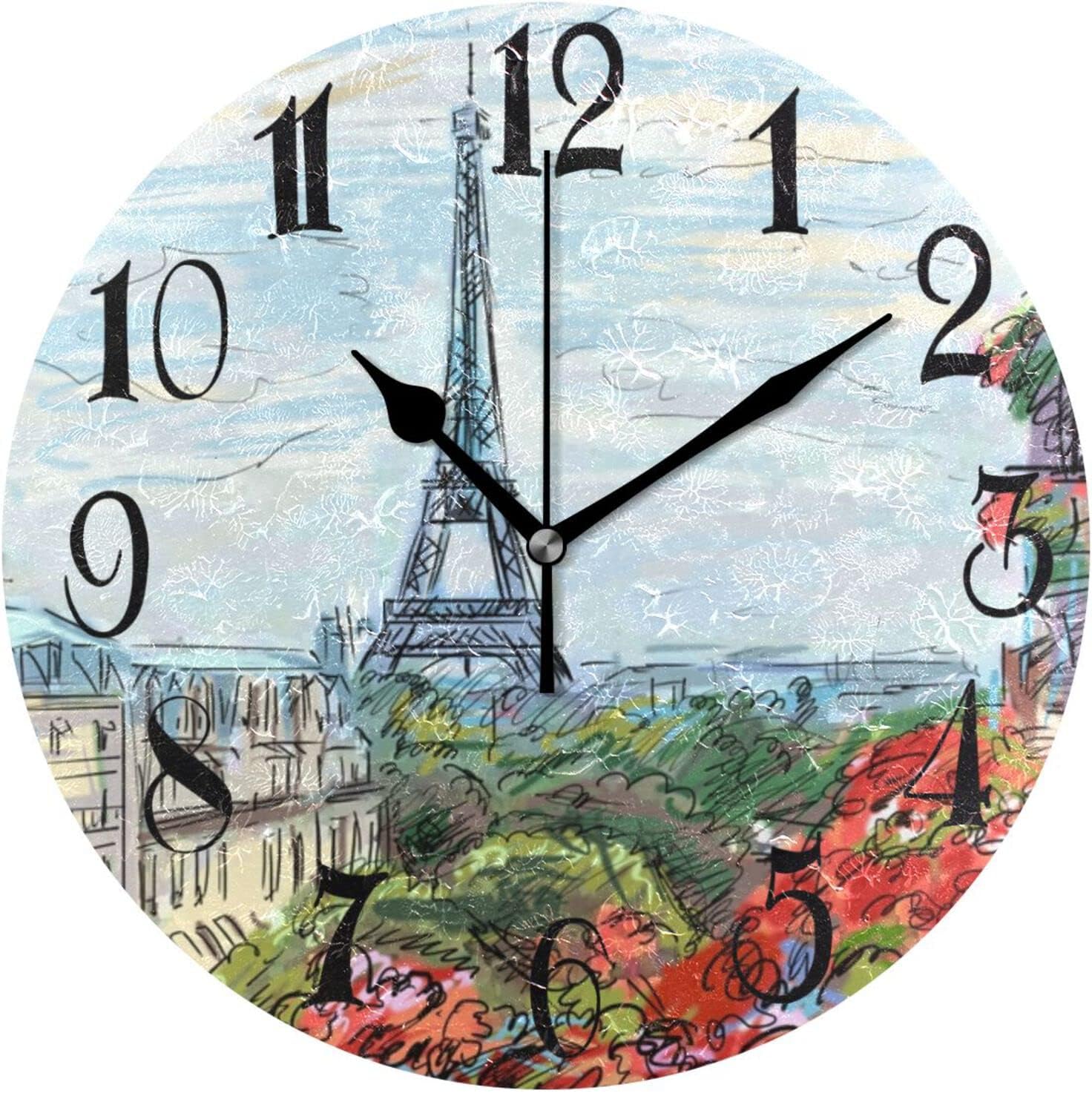 ALAZA Paris Eiffel Tower Round Wall Clock Non-Ticking Silent Battery Operated Decorative Clock for Living Room Home Office Decor