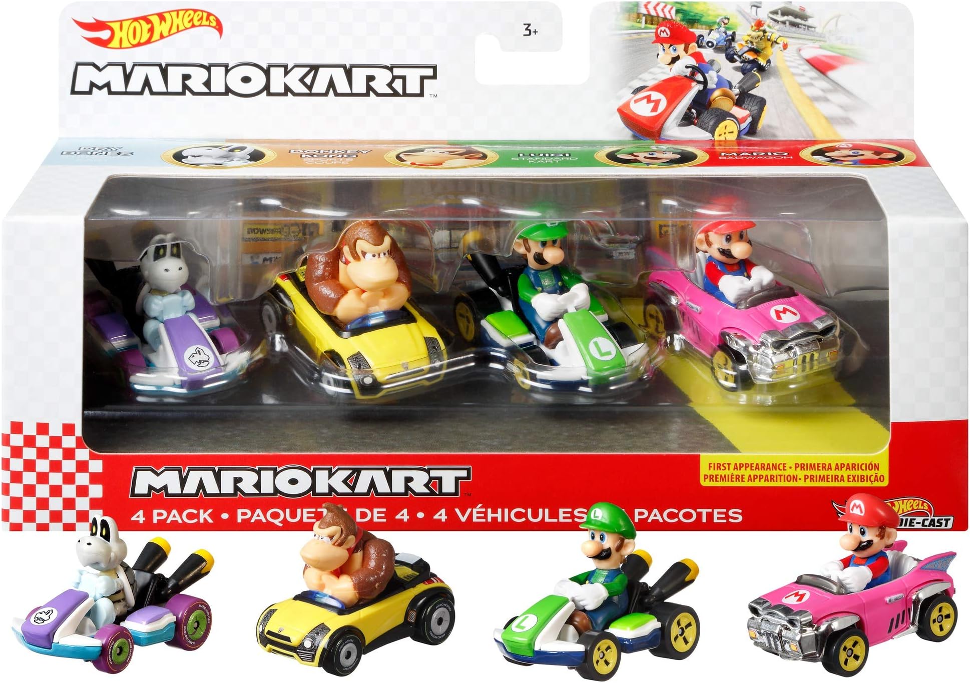 Hot Wheels 986A-GWB36 Mario Kart, 4-Pack A Set [Limited Mario with Bad Wagon Included]
