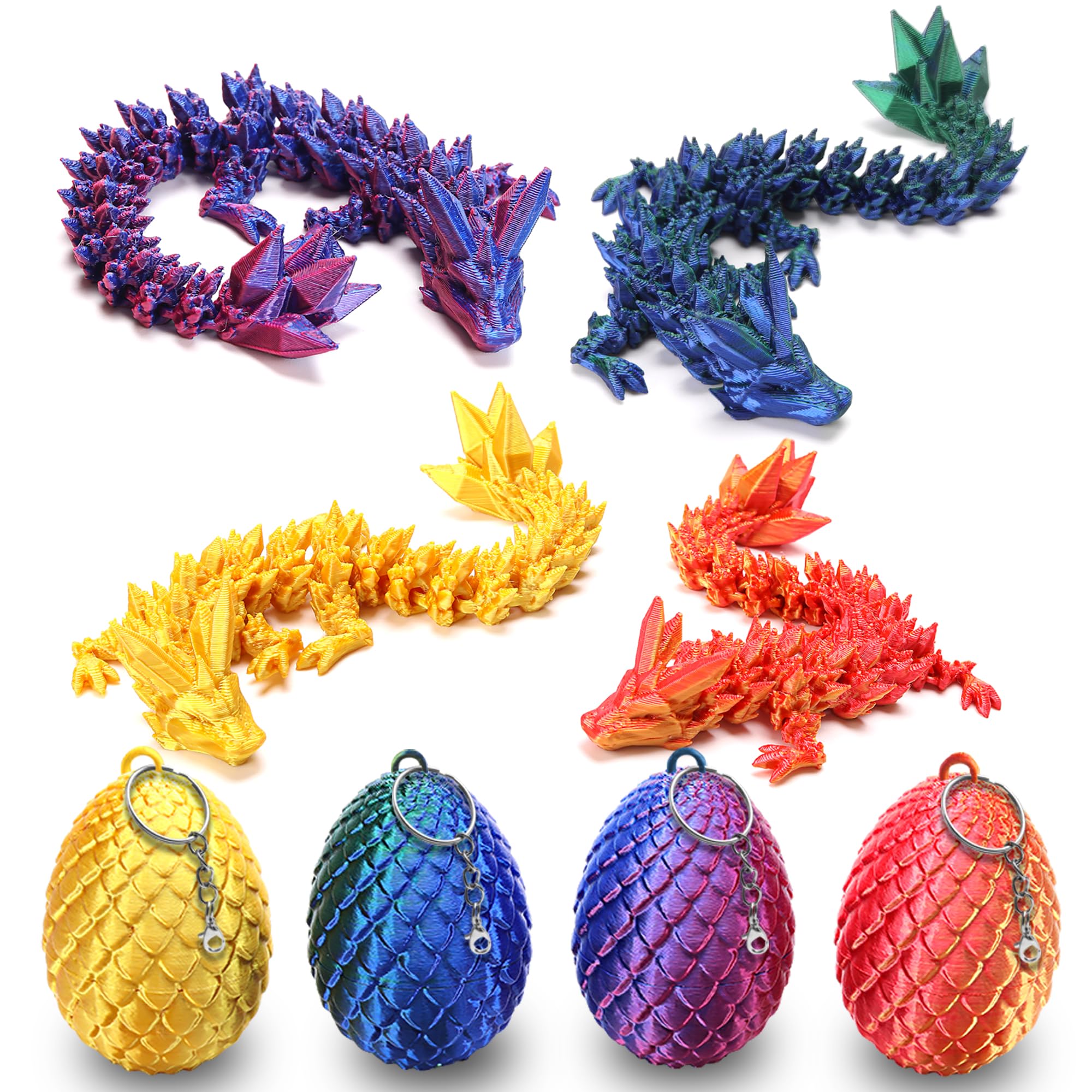 4 Pcs Mini 3D Printed Dragon Eggs with Dragon Inside，Articulated Crystal Dragon in Egg, Executive Dragon Fidget Desk Toys for Christmas Birthdays Gifts, Home Office Decorations(with Keychain)