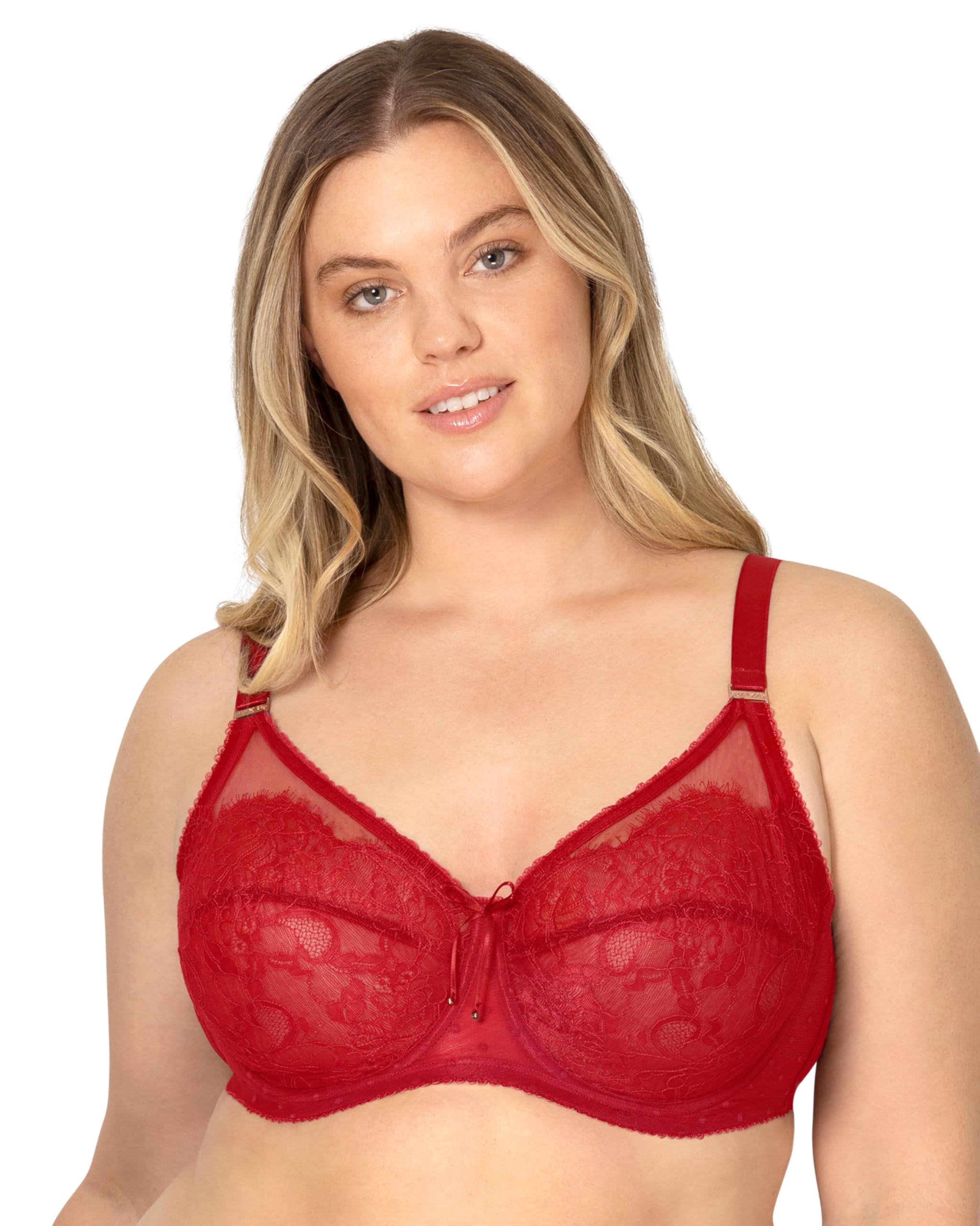 Smart & Sexy Women's Lace & Mesh Unlined Underwire Bra Full Coverage, Red, 44E