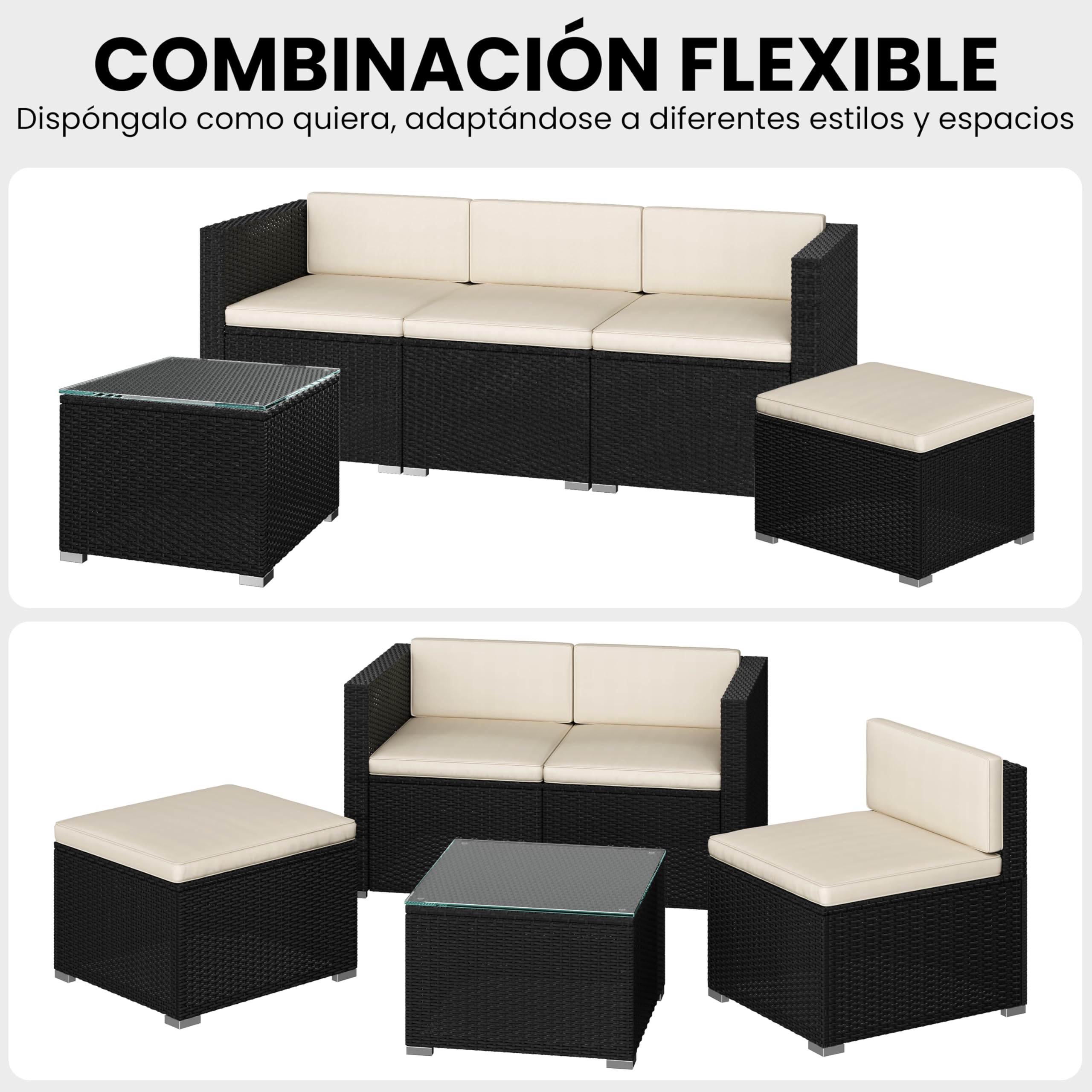Yaheetech Conjunto de Muebles Ratán de Jardín 5 Piezas con Cojines, 3 Plazas Sofá 1 Taburete y 1 Mesa de Café de Cristal (Negro/Beige)