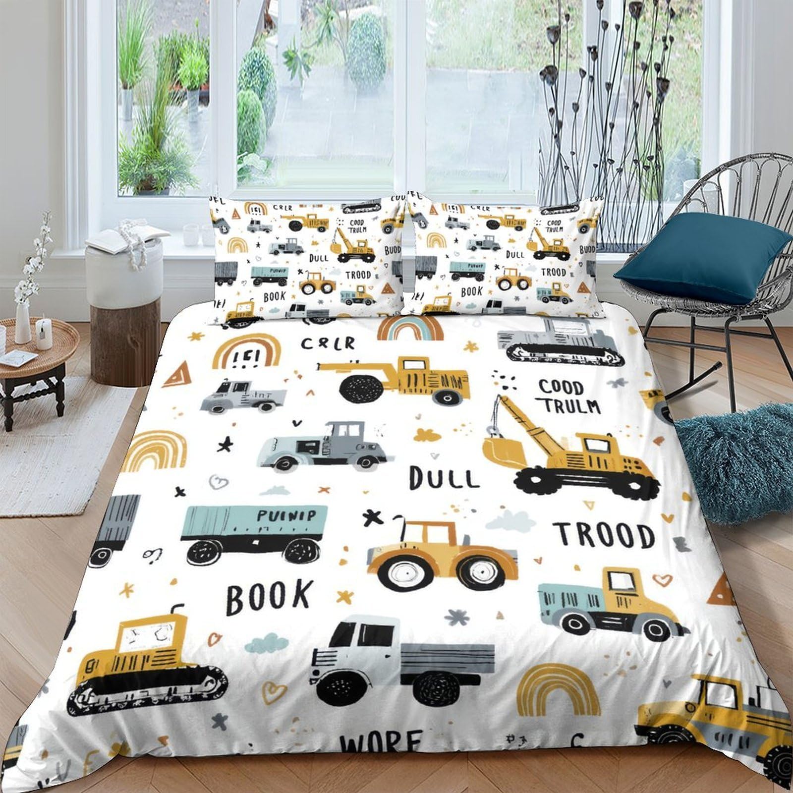 GPLZQXKJNH 3D Printed Construction Vehicles Duvet Cover Set Microfiber Breathable Trucks Bedding Set with 2 Pillowcases for Bedroom Decor Single（135x200cm）