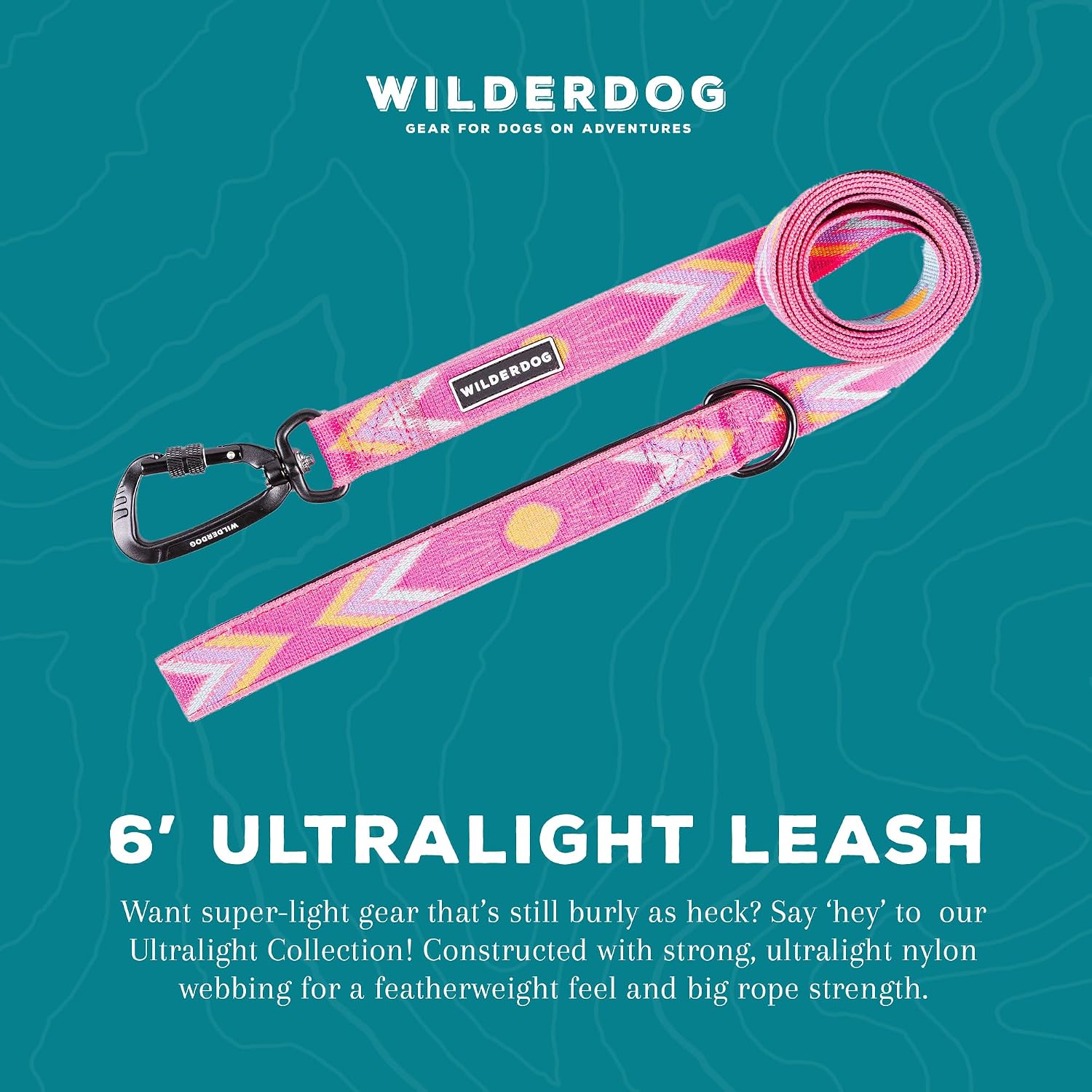 Wilderdog Ultralight Leash Series for Dogs 6 ft Long and Only 3.75 oz with swiveling, Locking Carabiner Attachment and Lightly Padded Handle with D-Ring - Playa