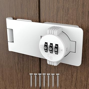 Keyless Combination Lock - 3-Digit Combination Lock for Doors - Twist Knob Hasp Latch Lock with Password Code - Zinc Alloy Door Latch for Kitchen Drawers, Cabinets, Cupboard White
