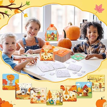 Blosssound 24 Pcs Thanksgiving Puzzles 4 x 4 Inch Fall Coloring Crafts Turkey Paper Puzzle Make Your Own Owl Squirrel Jigsaws for Autumn Harvest Educational Toy Birthday Gift Activities(Thanksgiving)