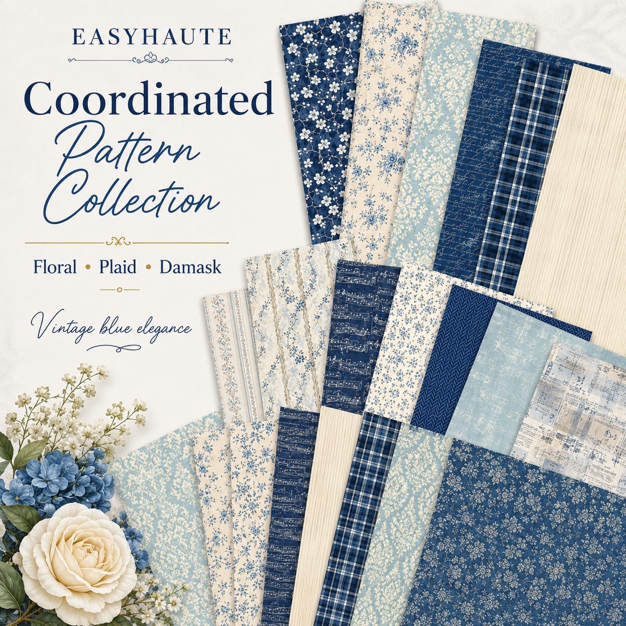 Navy Aesthetic Scrapbook Paper 12x12 Double Sided, Blue Floral & Music Script Patterned Paper Pad - Decorative Craft Cardstock & Scrapbooking Supplies for Photo Albums, 24 Sheets