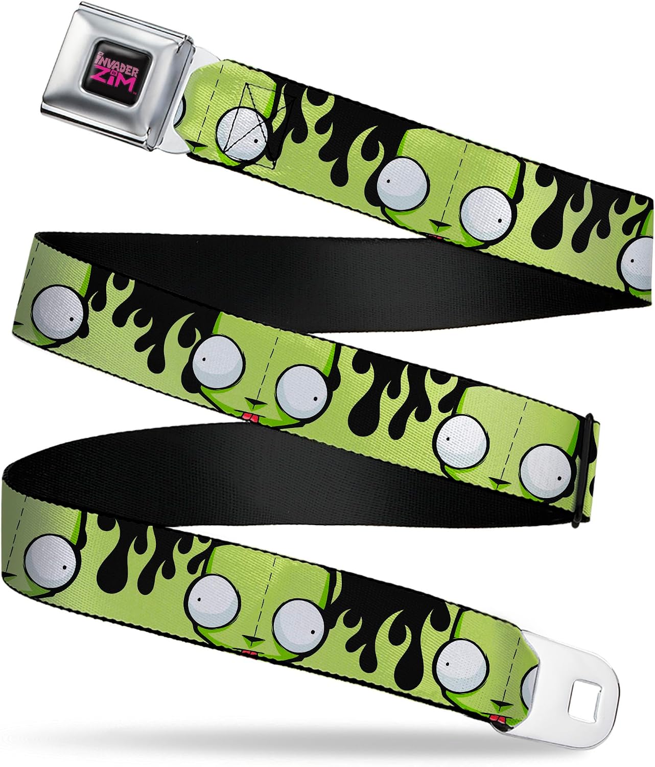 Nickelodeon Belt, Seatbelt Buckle Belt, Invader Zim Gir Face and Flames Black Green, Adjustable