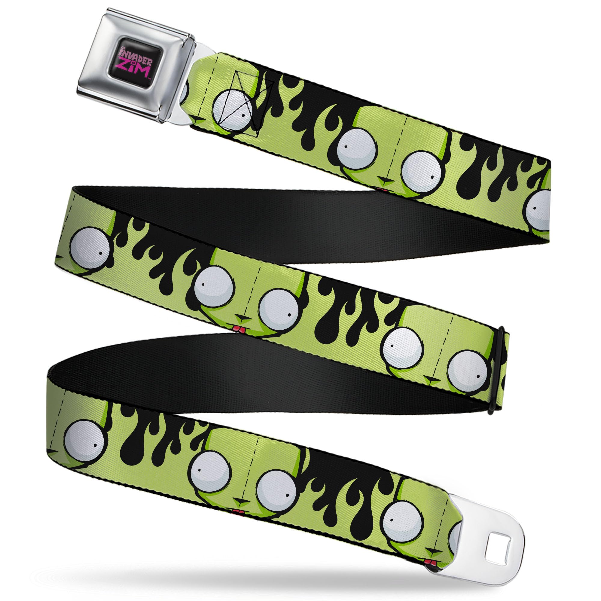 Nickelodeon Belt, Seatbelt Buckle Belt, Invader Zim Gir Face and Flames Black Green, Youth 20 to 36 Inches