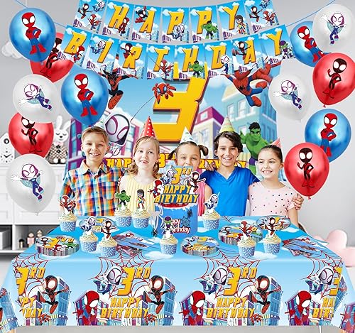 Miniatura 7 de Spidey and His Amazing Friends - Suministros para fiesta de cumpleaños, el juego de decoración de tercer cumpleaños de Spidey incluye platos,