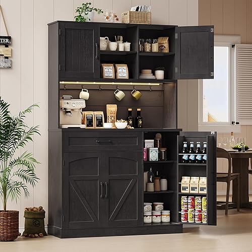 ONBRILL 71" Pantry Cabinet, Kitchen Pantry Storage Cabinet with LED Light & Outlet, Kitchen Hutch with Microwave Shelf & 6 Hooks, Door Shelf & Drawer & Adjustable Shelf, for Dining Room, Black