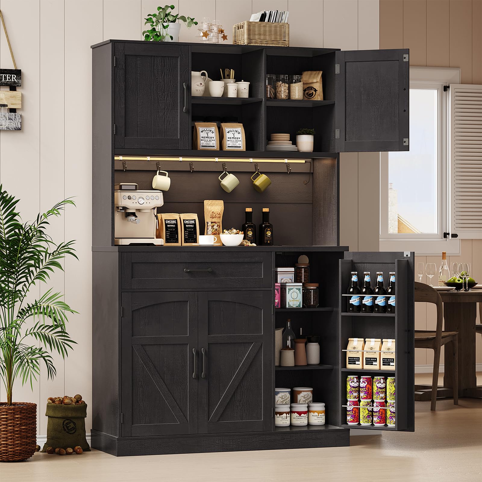 ONBRILL 71" Kitchen Pantry Storage Cabinet with LED Light/Outlet, Black