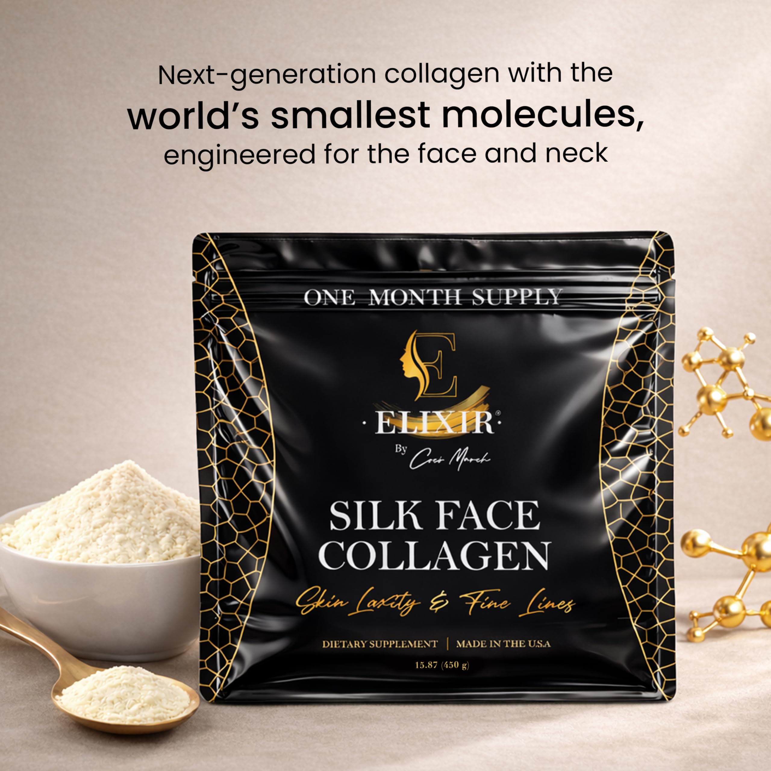 Silk Face Collagen–Silk Collagen for Face and Neck | Sericin-Activated Ultra Low Molecular Weight Collagen–Supports Skin Elasticity and Smooth Appearance–14g Protein–15.87 oz (450g)–Cocó March