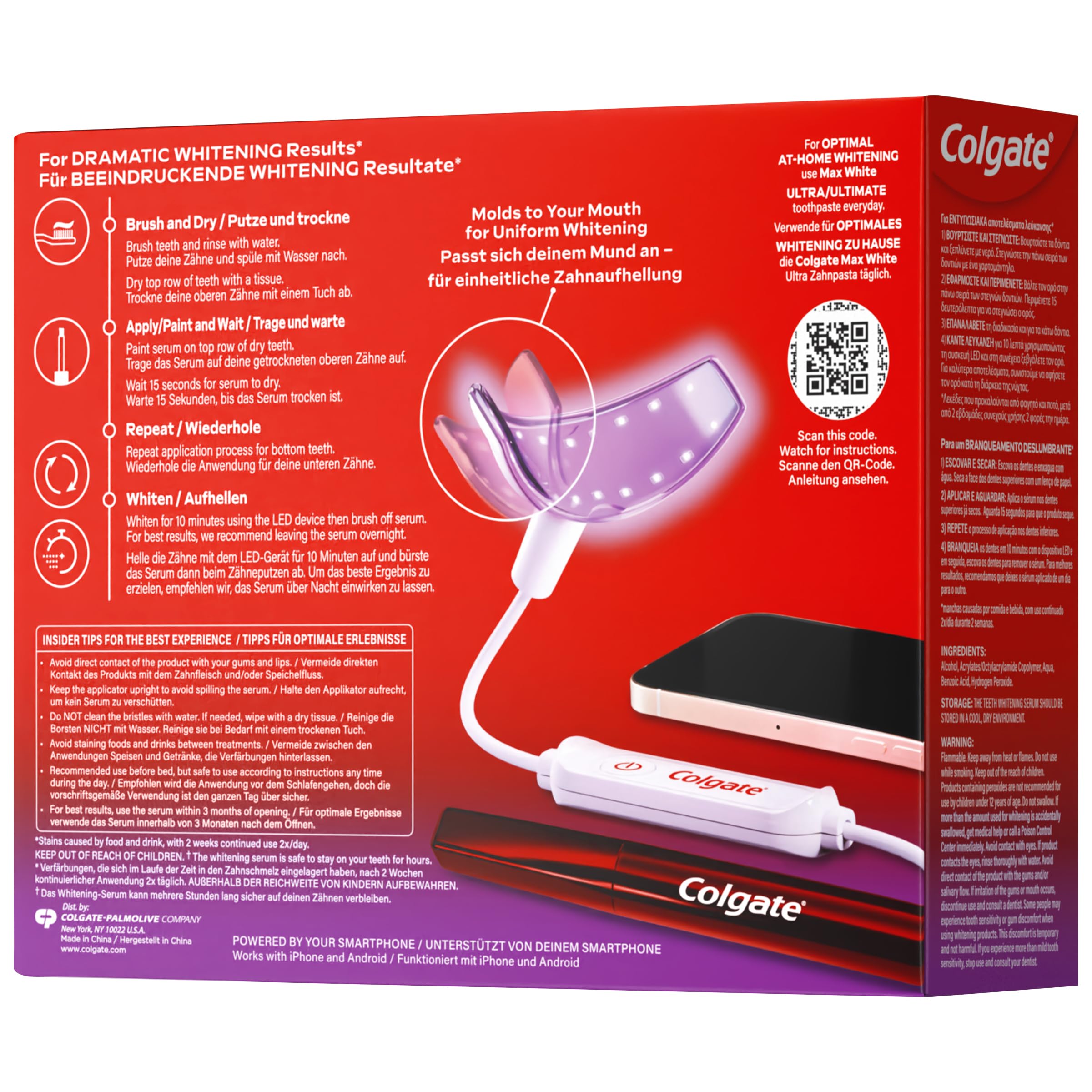 COLGATE Max White Ultimate Kit de Blanqueamiento Dental LED en Casa, Seguro para el Esmalte, Revierte hasta 20 Años de Manchas, Incluye Pincel Blanqueador
