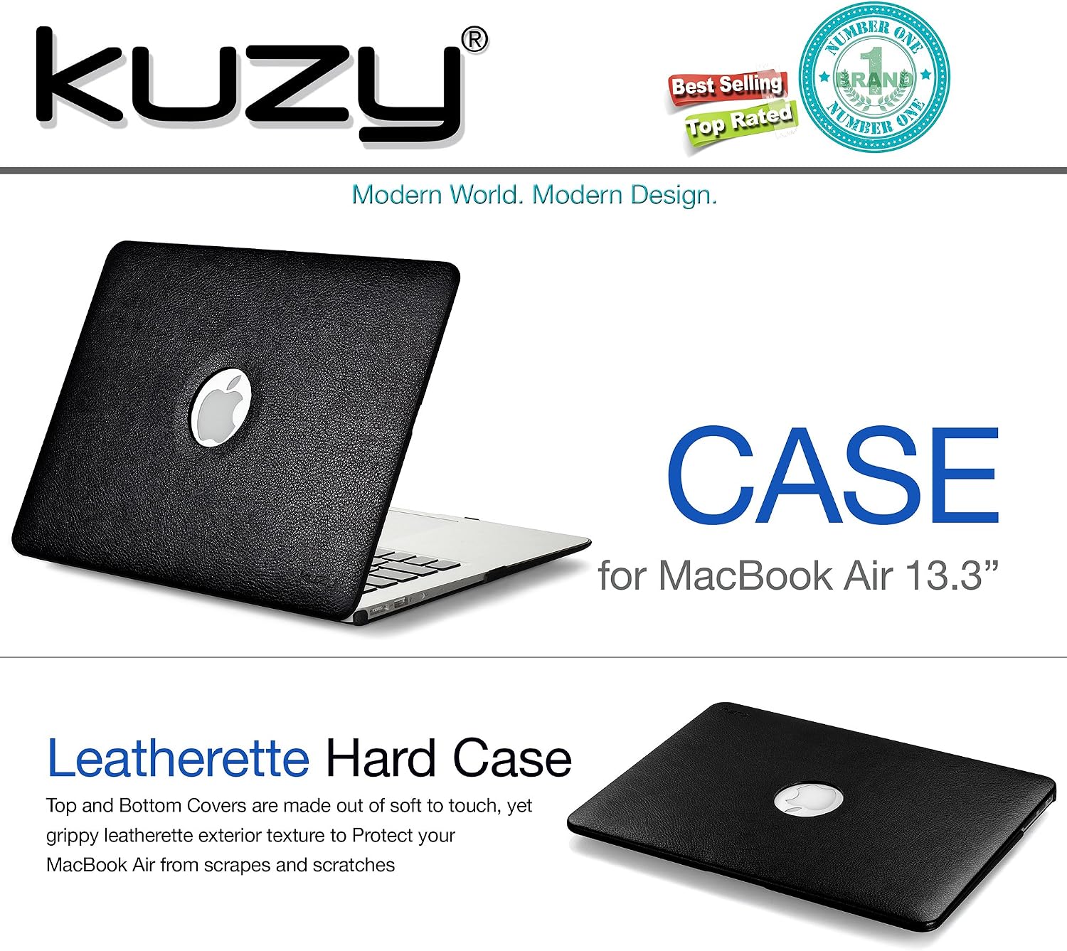 Kuzy Leather Case Compatible with MacBook Air 13 inch Case 2017 2016 2015 2013 Older Version Model A1466 A1369 Mac Book Air 13in Cover Hardshell Apple Laptop Case MacBook Air Case 13.3 inch, Black