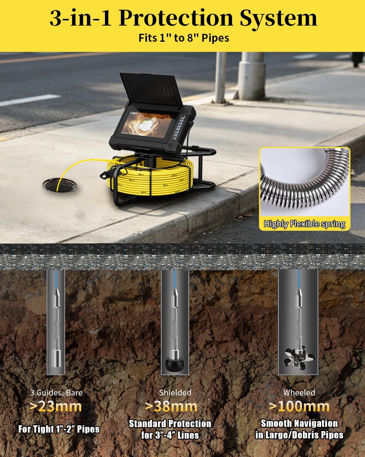 Self-Leveling Sewer Camera 100ft with DVR, 7" Sewer Inspection Camera with 23mm 1080P Probe, IP68 Drain Pipe Camera with 20X Zoom, 32GB Audio & Video Record, Plumbing Camera Snake with Light(12 LEDs)