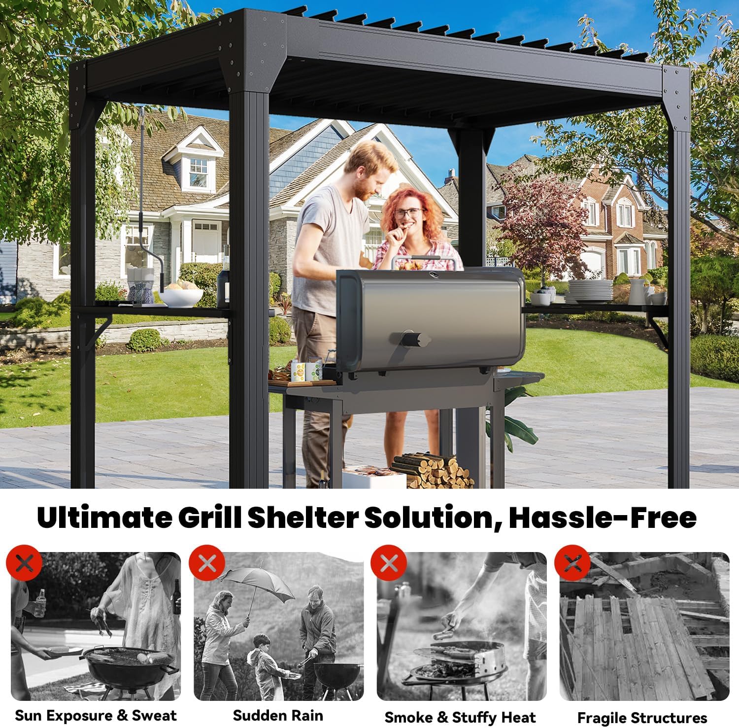 8x5 Louvered Pergola, Aluminum BBQ Pergola, Hardtop Gazebo for Outdoor Grill, Adjustable Rainproof Roof, Pergolas for Patio, Black