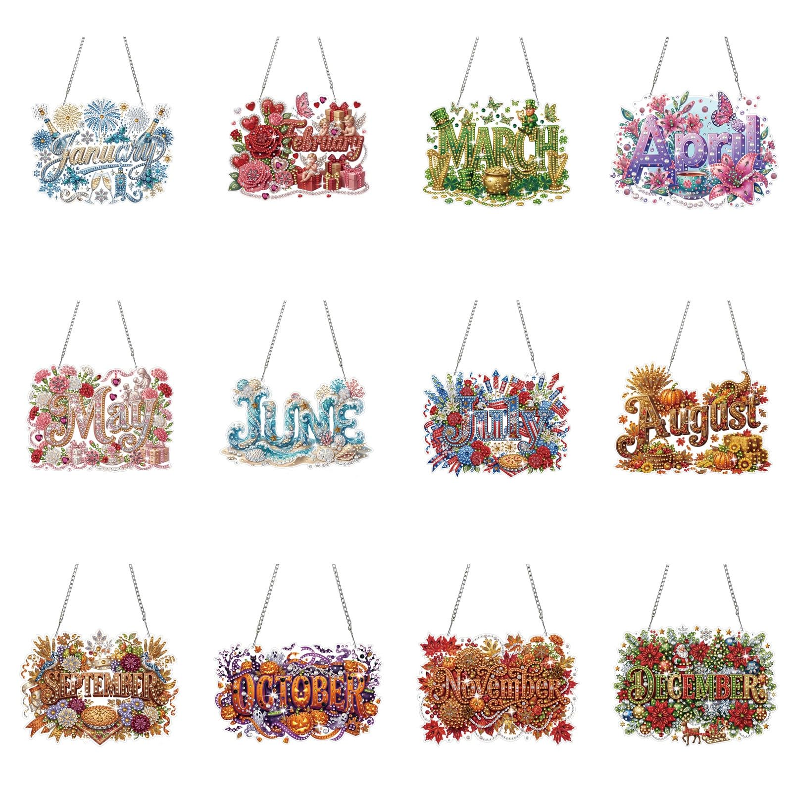 CustmArti DIY Diamond Art Malen nach Zahlen Set 12 Monate Motive Wanddekoration Anhänger aus PET Material Unregelmäßige Form Kristall Diamanten Painting Home Decor-12 months