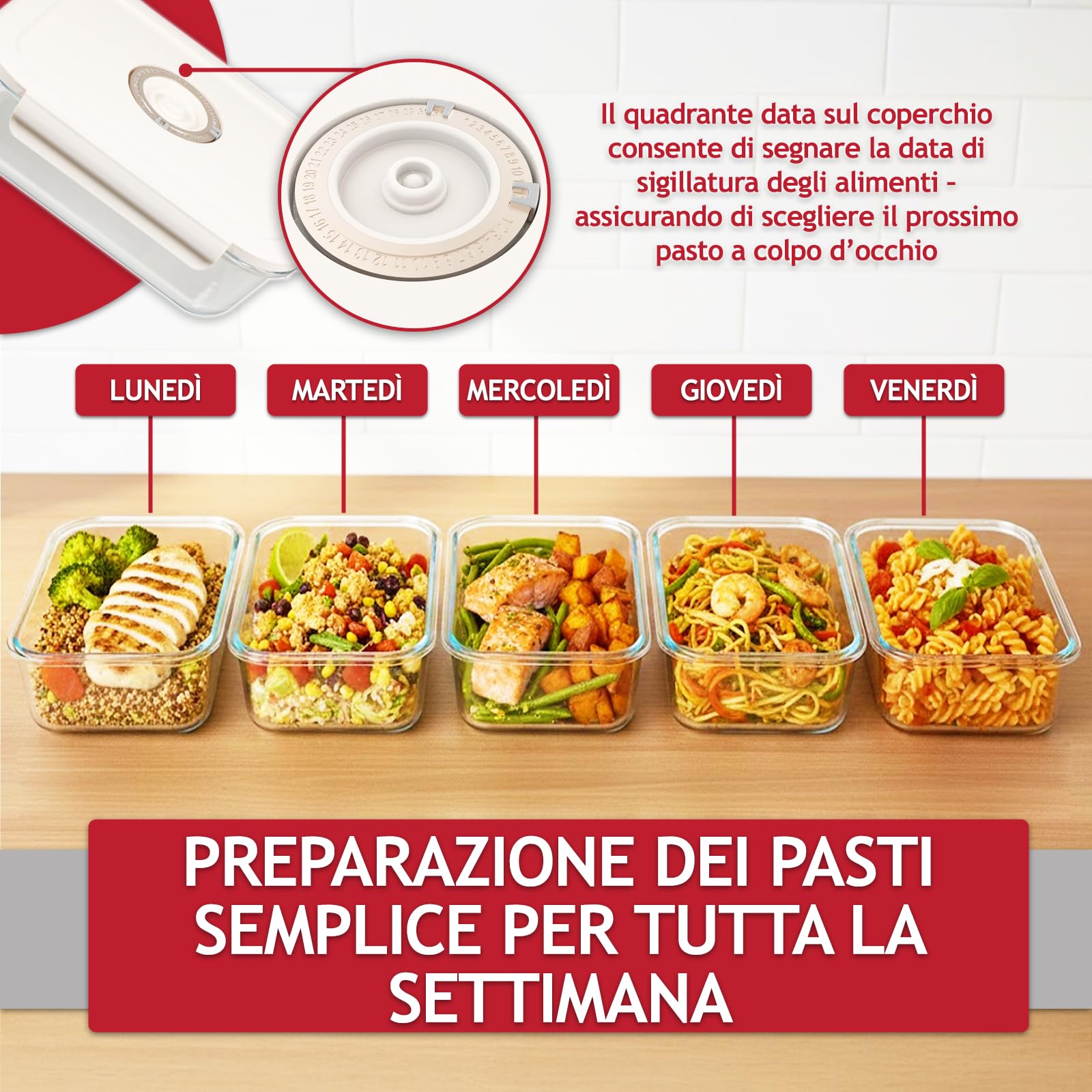 SPARES2GO Contenitori in vetro per alimenti sottovuoto con coperchi a clip di sicurezza (confezione da 5, medi, 1040 ml) + pompa sigillante manuale