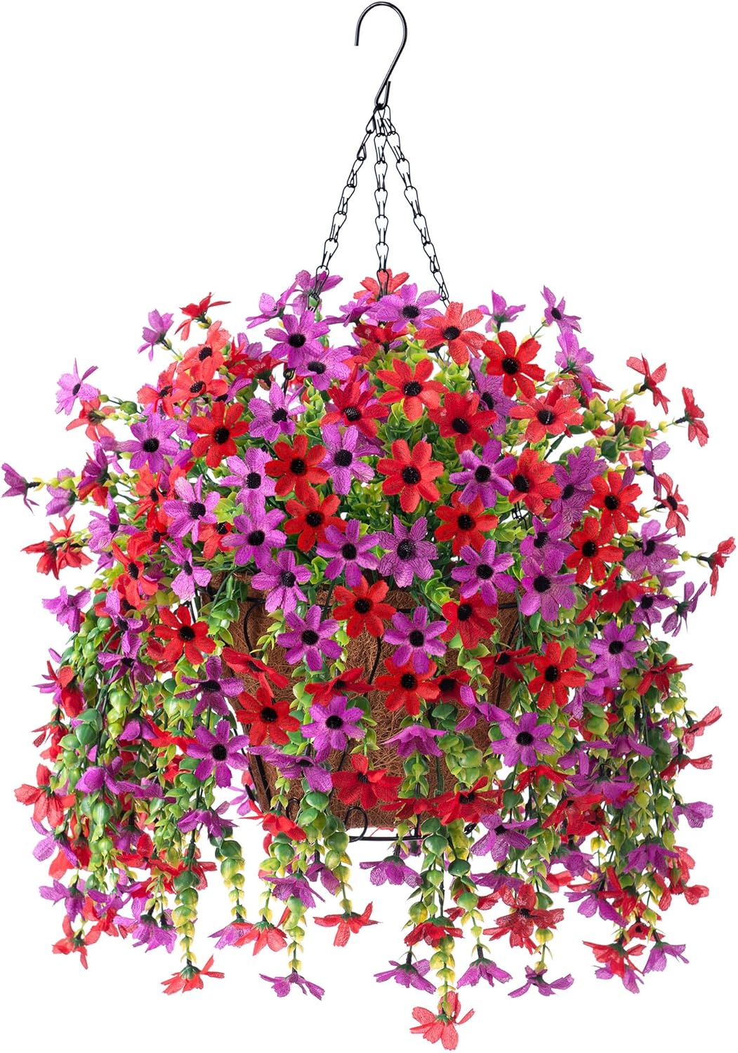 Artificial Fake Spring Hanging Flowers Plants with Basket Outdoor Flower Decor, Faux Silk Colorful Daisy in Metal Coconut Lining Pot Plastic Shrubs Decor Farmhouse Home Garden (Red Purple)