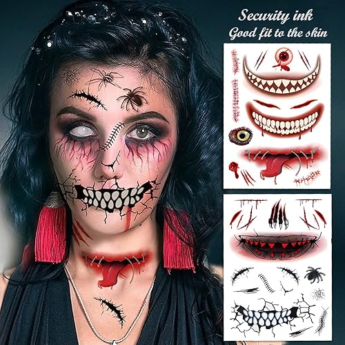 Miniatura 5 de Tatuajes temporales de gran tamaño, 10 hojas de tatuajes de cosplay de Halloween, tatuajes temporales realistas de boca grande, tatuaje de cicatriz,