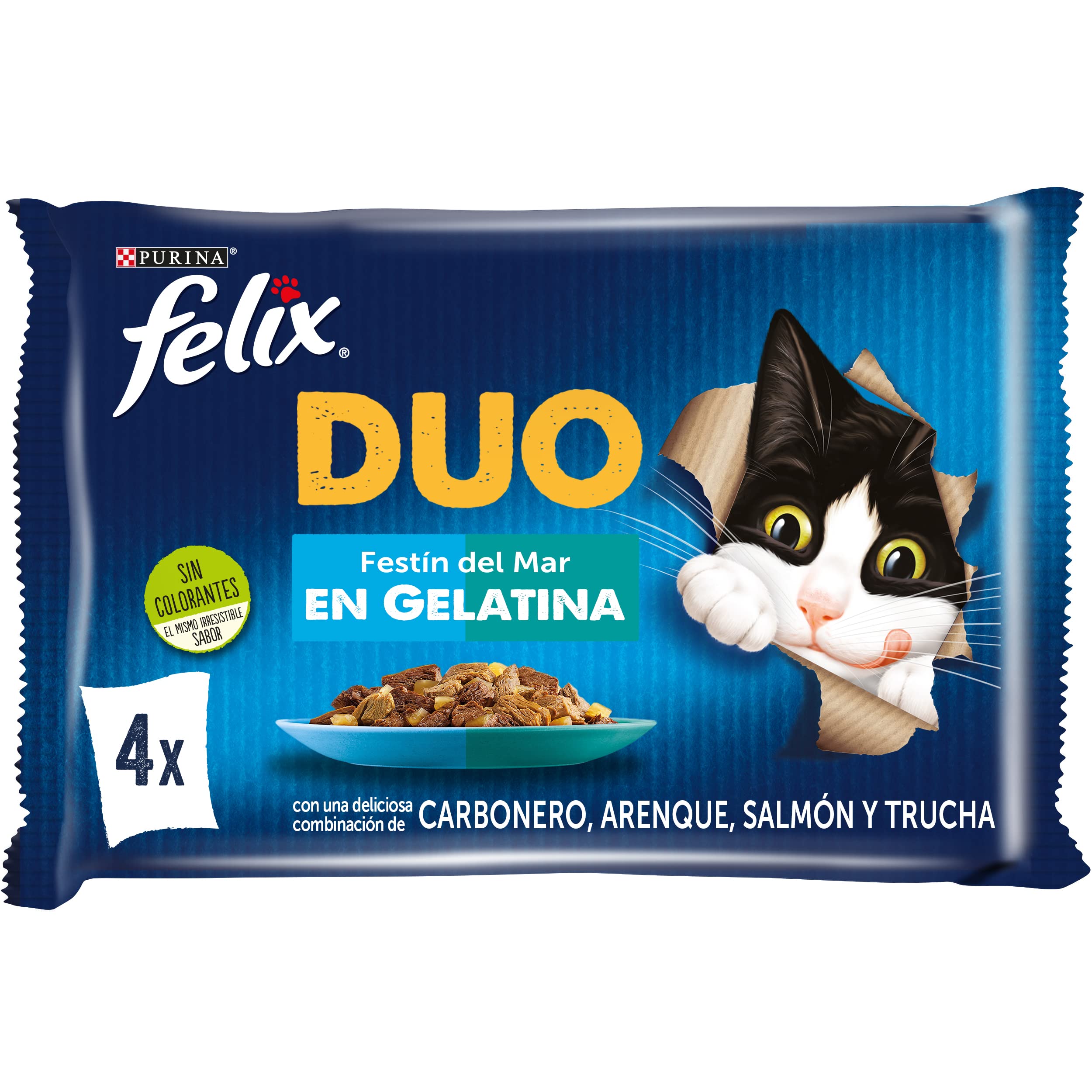 Felix Duo Nassfutter für Katzen Gelee, Sortiment, Hering, Lachs und Forelle; 12 Packungen mit 4 Beuteln à 85 g (48 Umschläge)