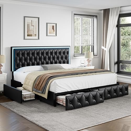 Keyluv King Upholstered LED Bed Frame with 4 Drawers, Pu Leather Platform Storage Bed with Adjustable Button Tufted Headboard and Solid Wooden Slats Support, No Box Spring Needed, Black