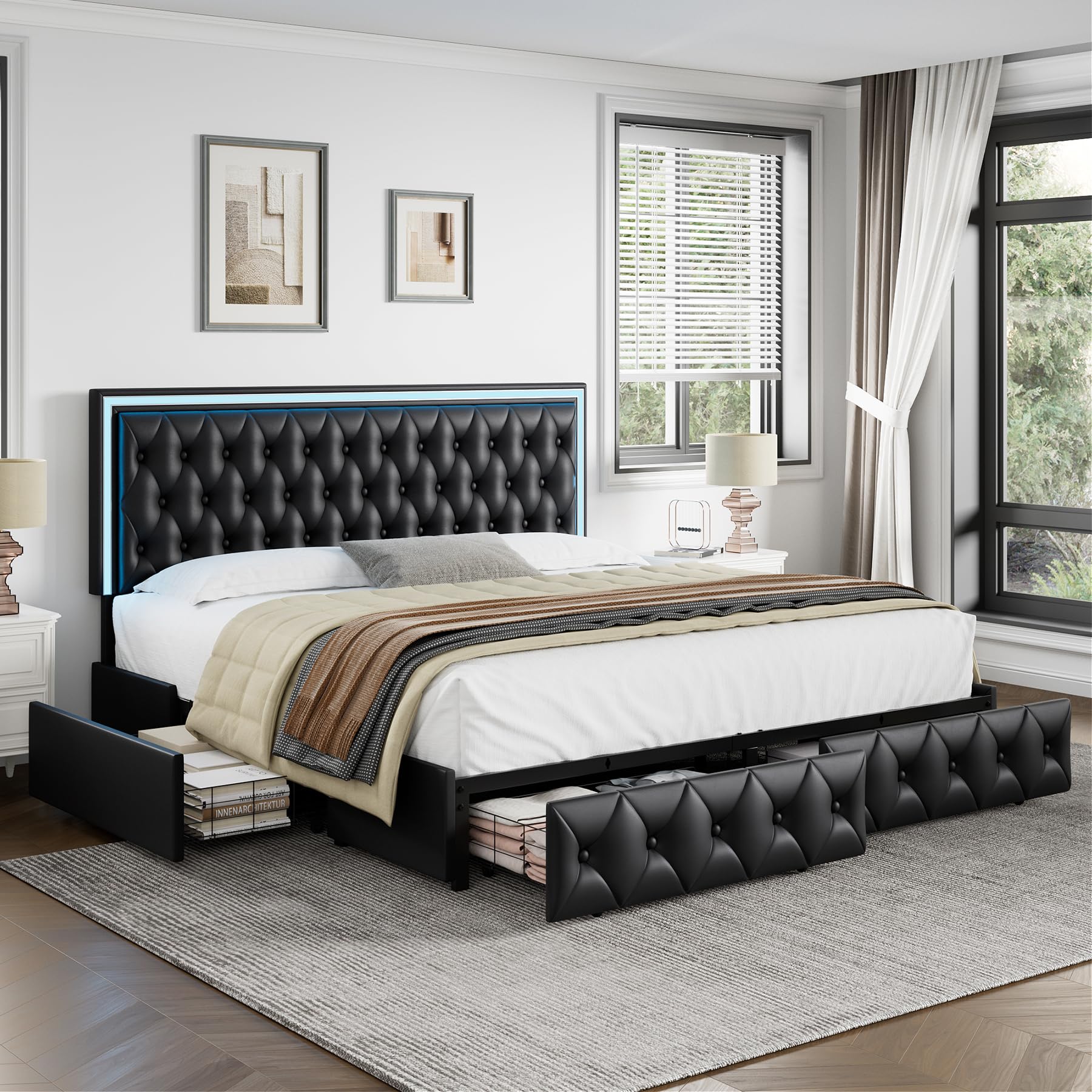 Keyluv Queen Upholstered LED Bed Frame with 4 Drawers, PU Leather Platform Storage Bed with Adjustable Button Tufted Headboard and Solid Wooden Slats