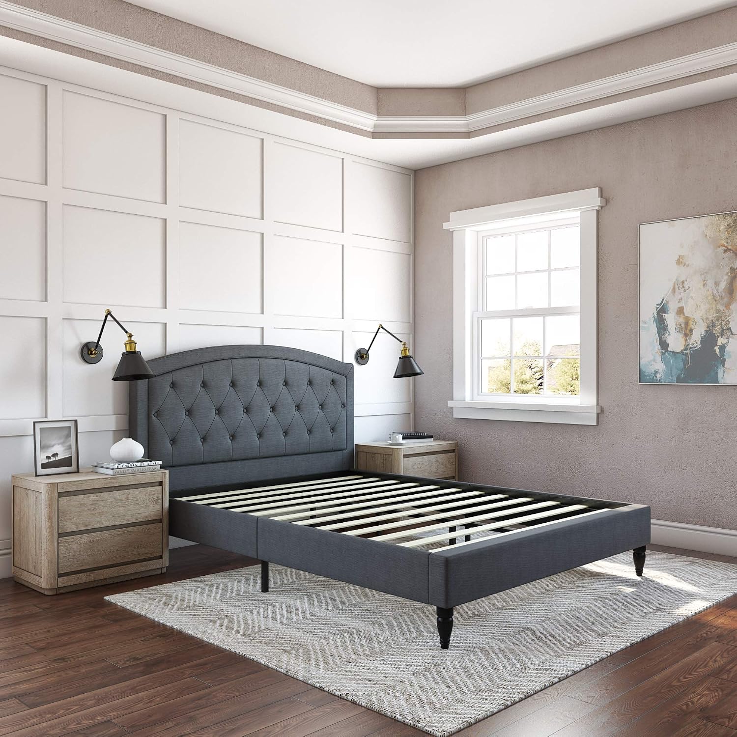 Classic Brands Wellesley Upholstered Platform Bed | Headboard and Metal Frame with Wood Slat Support, Queen, Grey