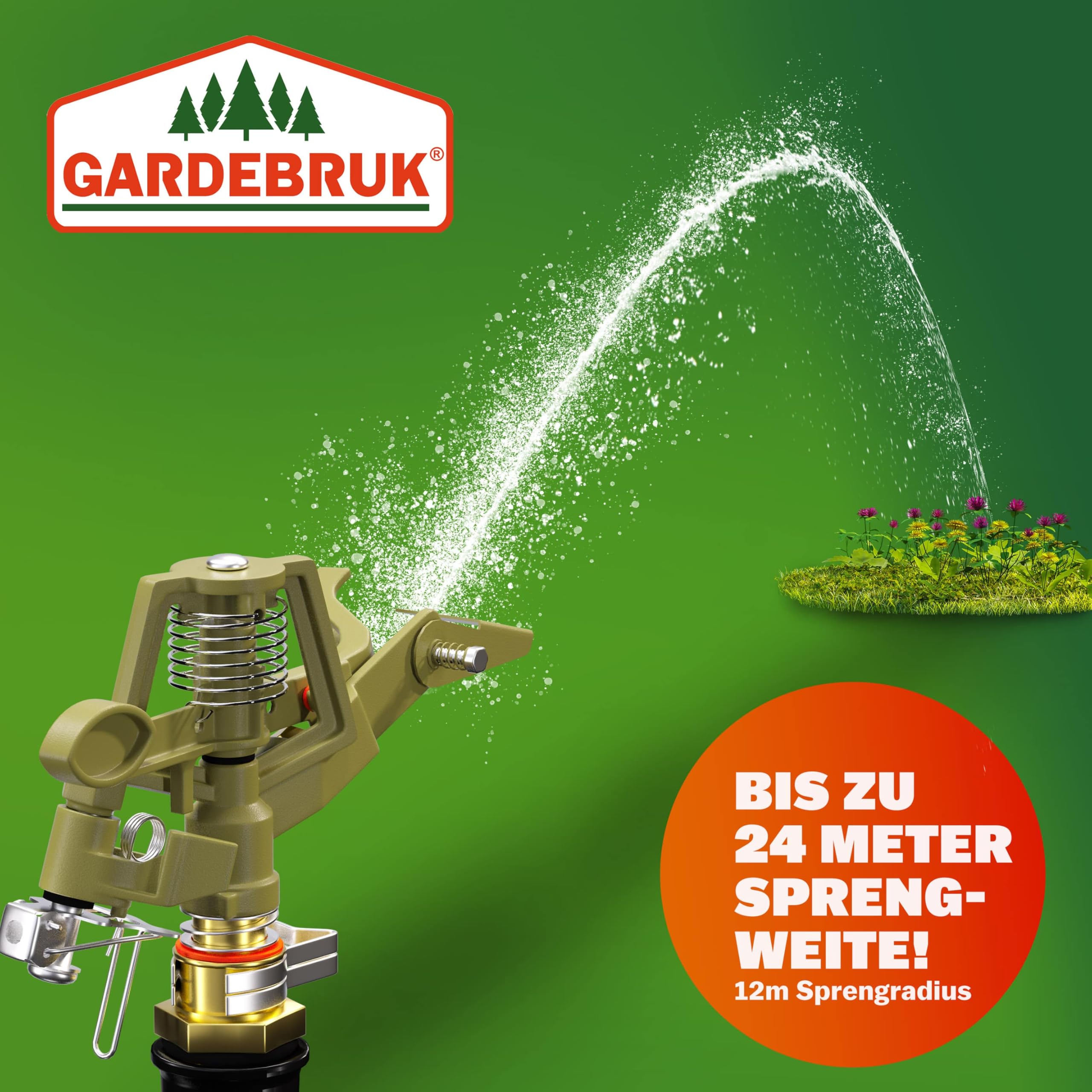 GARDEBRUK® Sprinkler mit Teleskopstativ Erdspieß Sprengweite bis 24m Garten Impulsregner Rasensprenger Sektorenregner Gartenbewässerung Wassersprinkler