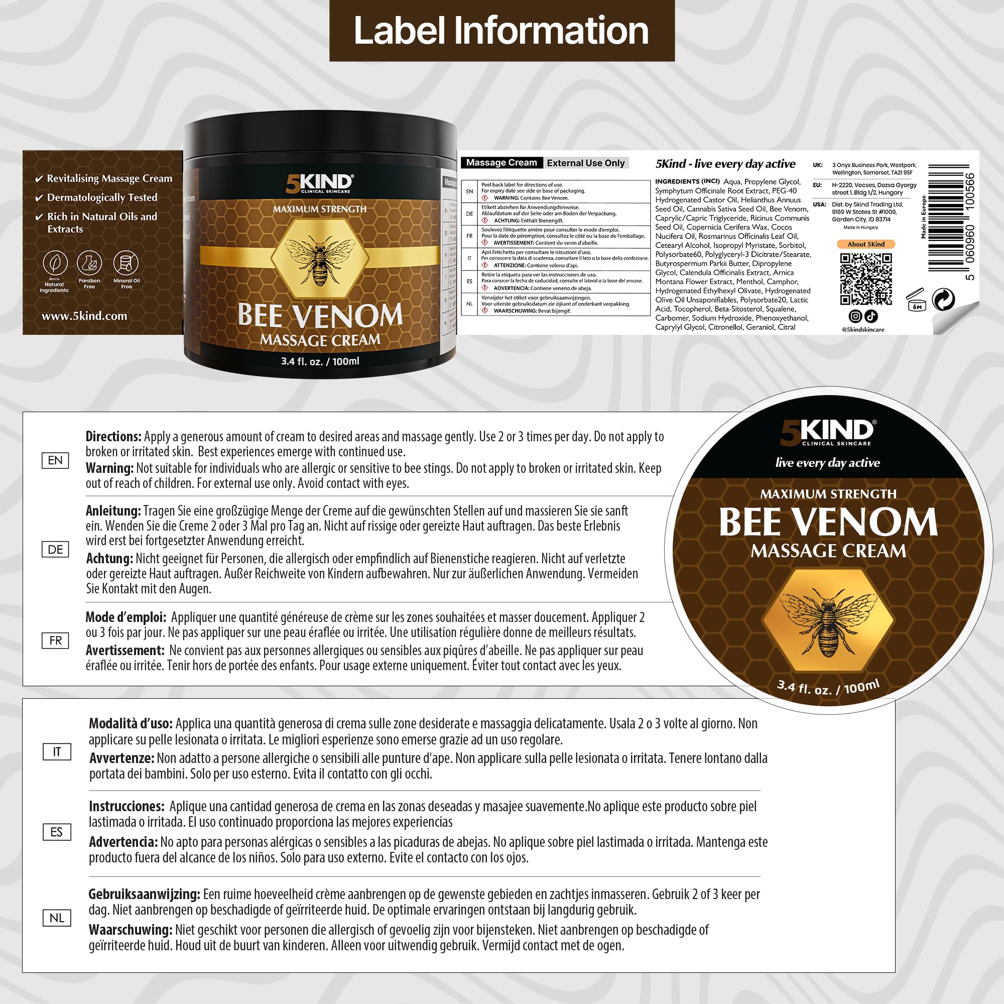 5Kind Creme Venin d'Abeille Maximum Strength 100ml - Bee Venom Cream - Massage Naturel des Articulations & Muscles, Bas du Dos, Genoux, Cou, Hanches & Pieds - Provenance Responsable