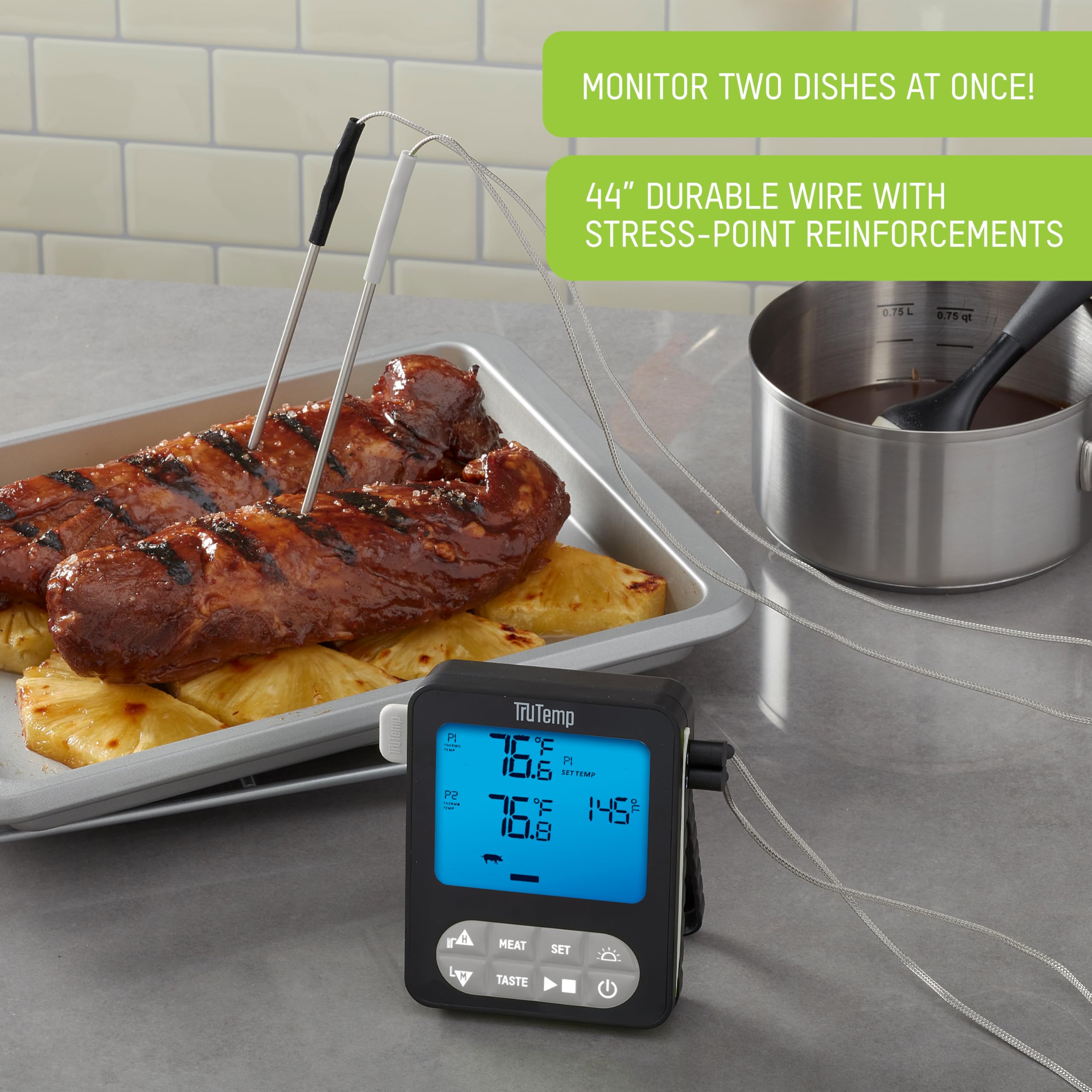 Taylor TruTemp Termómetro programable para carne y alimentos con cable de doble sonda, digital, monitor de dos platos, hornear, asar, fácil de usar, retroiluminado, gris
