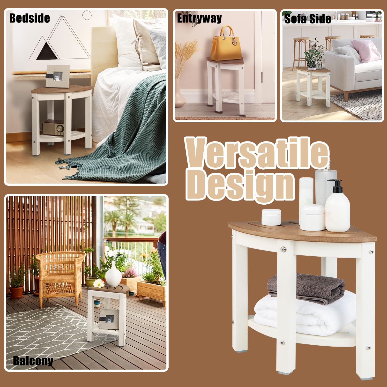 HOMASIS Sgabello Bagno a Ventaglio, Sgabello per Doccia a 2 Ripiani, Sedia Multiuso in HDPE, Sgabellino Basso e Salvaspazio, Impermeabile e Antiscivolo, Portata 150kg, 32,5 x 43,5cm (marrone)
