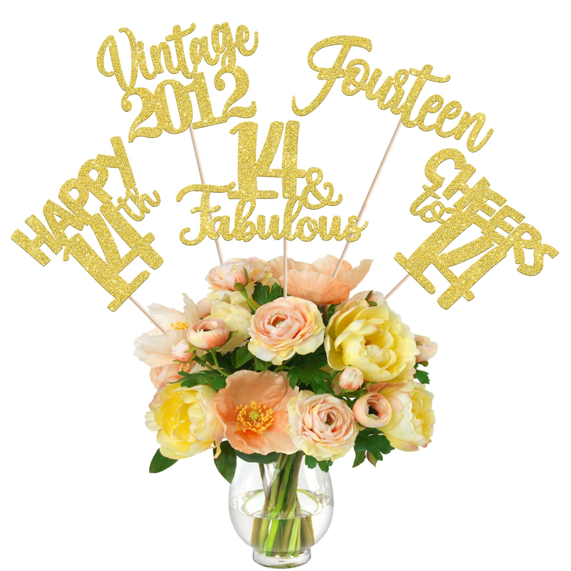 15 PCS 14th Birthday Centerpiece Sticks Fourteen Happy 14 Vintage 2012 Table Flower Centerpieces Sticks Cheers to 14 Fabulous Floral Decorations for 14th Birthday Party Supplies Gold
