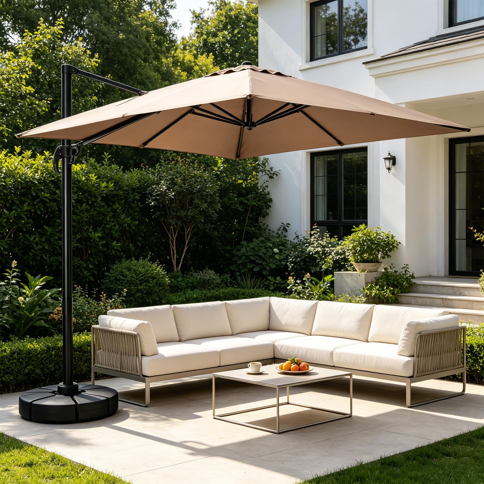 KOMFOTTEU Ombrellone da giardino, 300 cm, pieghevole e regolabile in altezza, da balcone, rettangolare, da spiaggia con base a croce, ombrellone stabile e di alta qualità, marrone, 300 x 300 cm