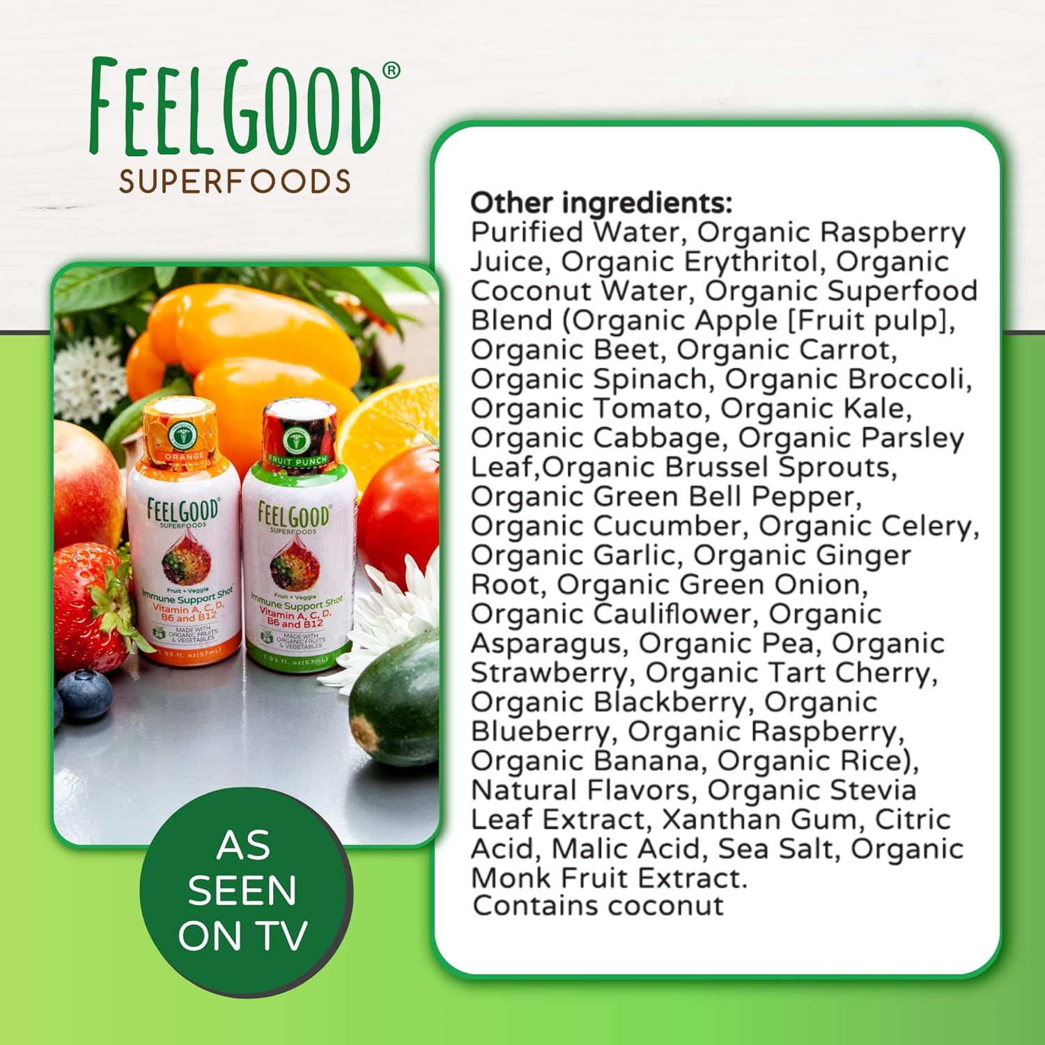 FeelGood Superfoods Immune Support Shot Supplements, 26 Organic Fruits and Veggies, Ready to Drink Immunity Booster, Orange and Fruit Punch Flavor, 20 Orange and 10 Fruit Punch, Combo Pack of 30 : Health & Household