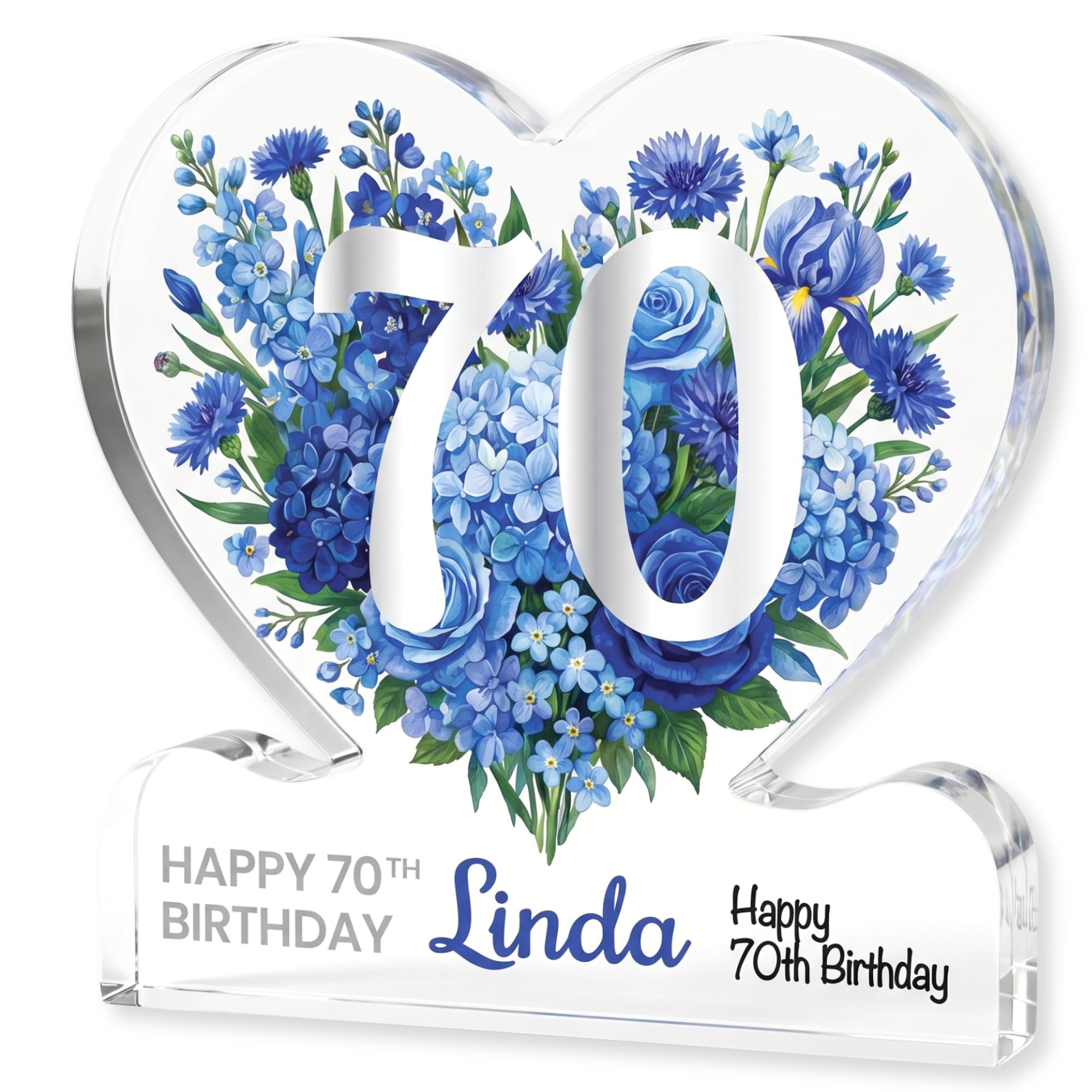 MyKeepsy Personalised 70th Birthday Plaque – Custom Name & Message Heart Acrylic Keepsake, Floral 70 Decoration Gift, 5 Colours (Elegant Blue)