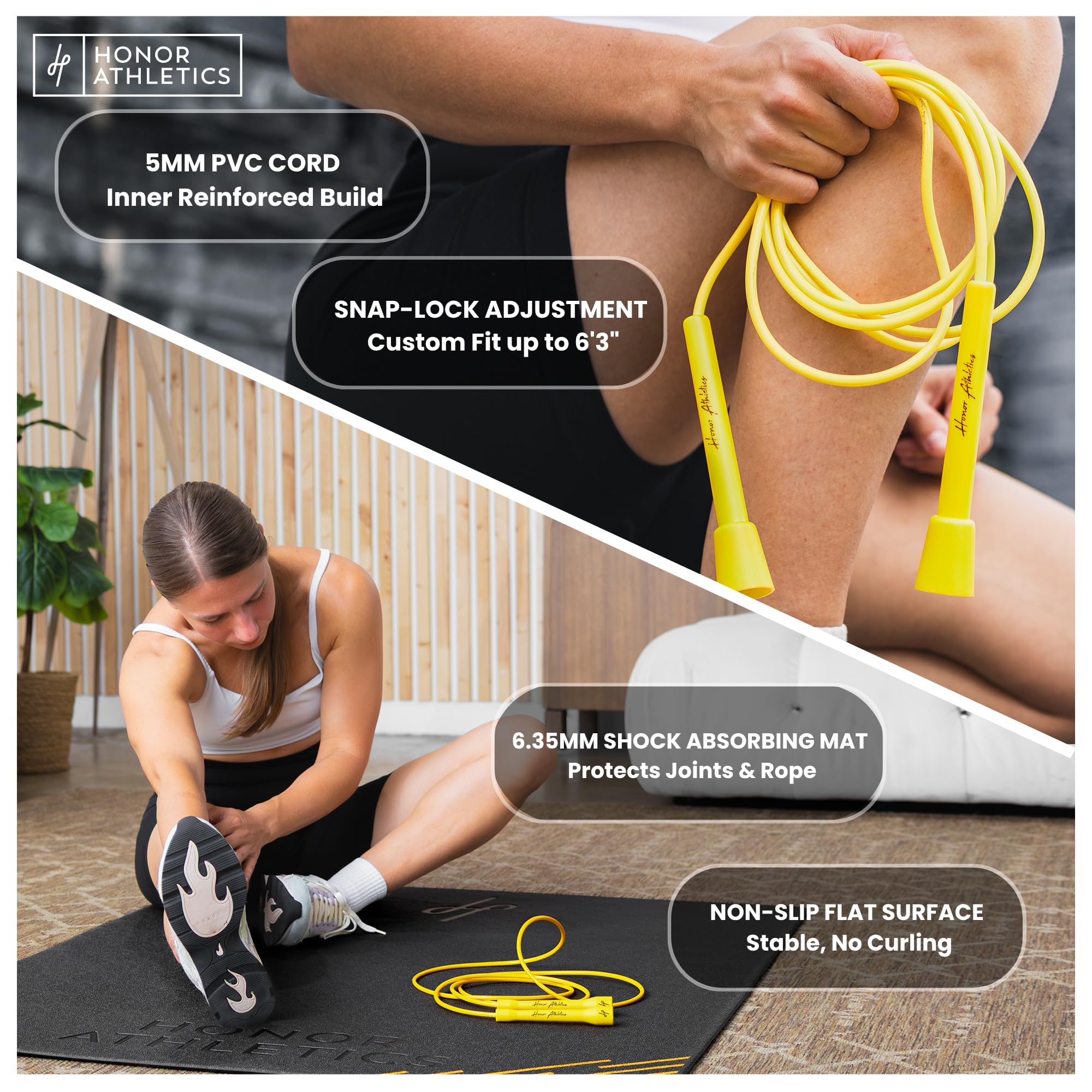 Honor Athletics Springseilmatte & Speed Rope Bundle | 6,35 mm Gummimatte + 5 mm verstärktes, verstellbares Springseil | HIIT & Boxtraining