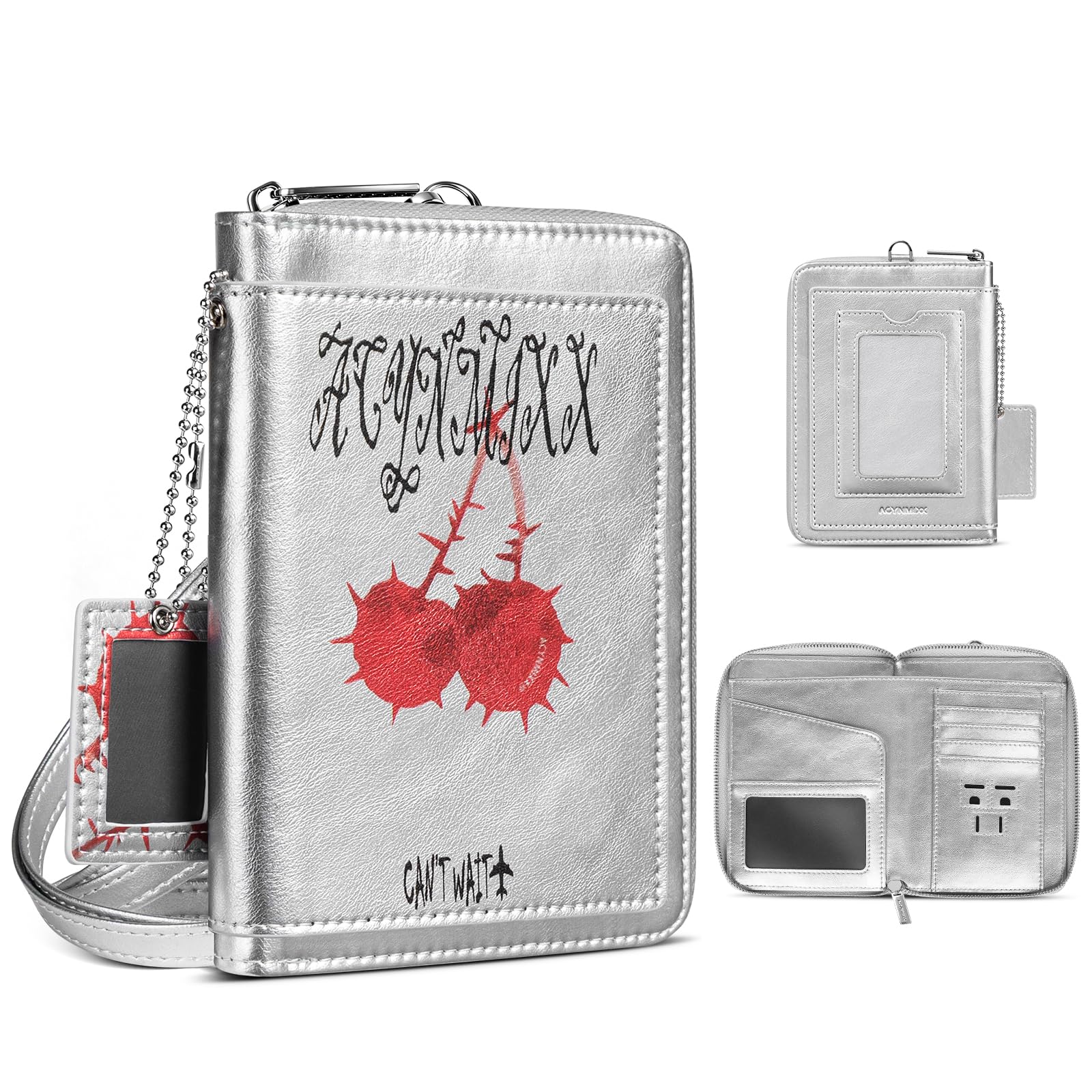 Portafoglio per passaporto in pelle con cordino staccabile RFID blocco passaporto con cerniera organizer per documenti da viaggio per donne, Argento, Dolce & Edgy