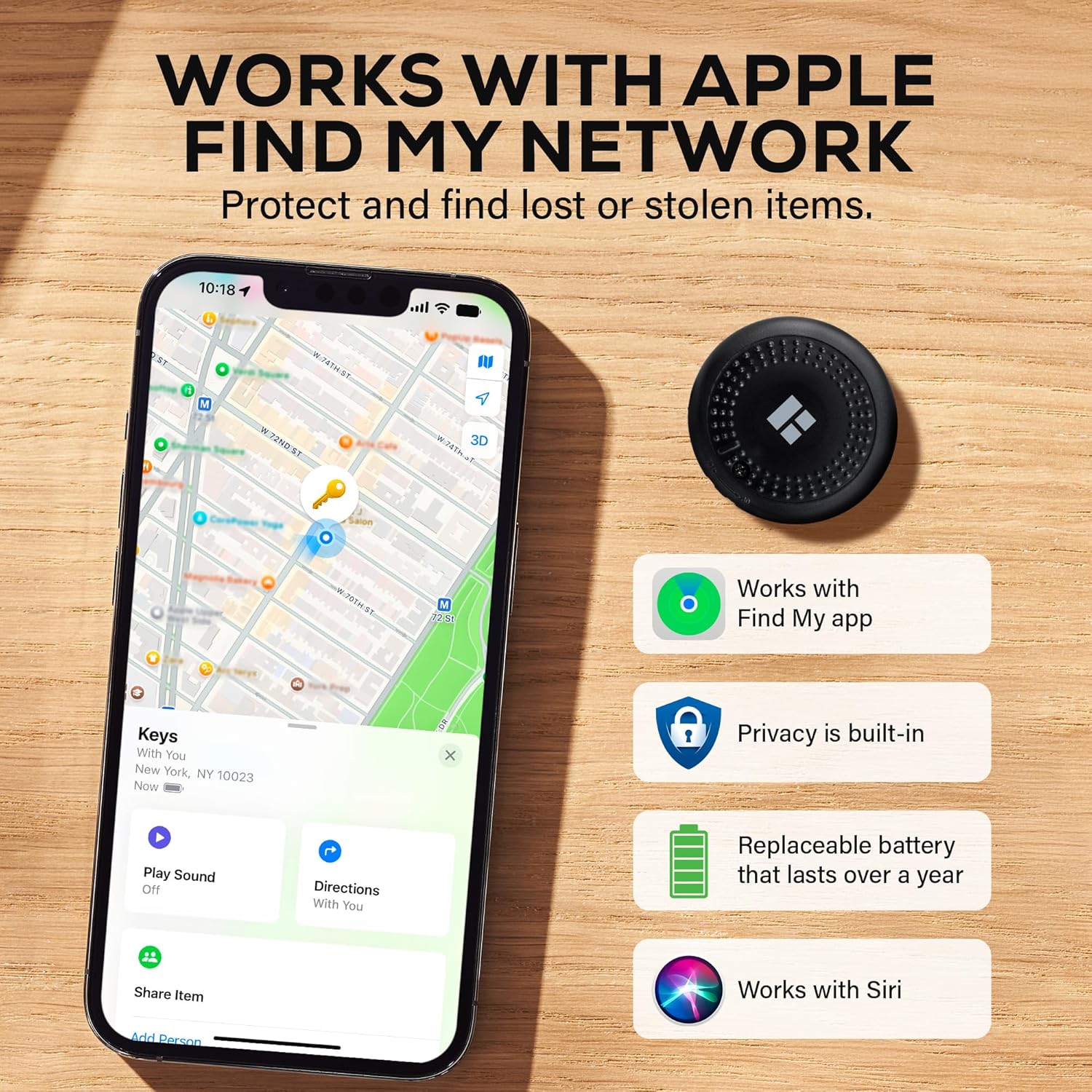 Smartphone screen displaying the Apple Find My app interface next to a Merkury Innovations Smart Tracker Tag, with icons highlighting compatibility with Find My, built-in privacy, replaceable battery, and Siri.