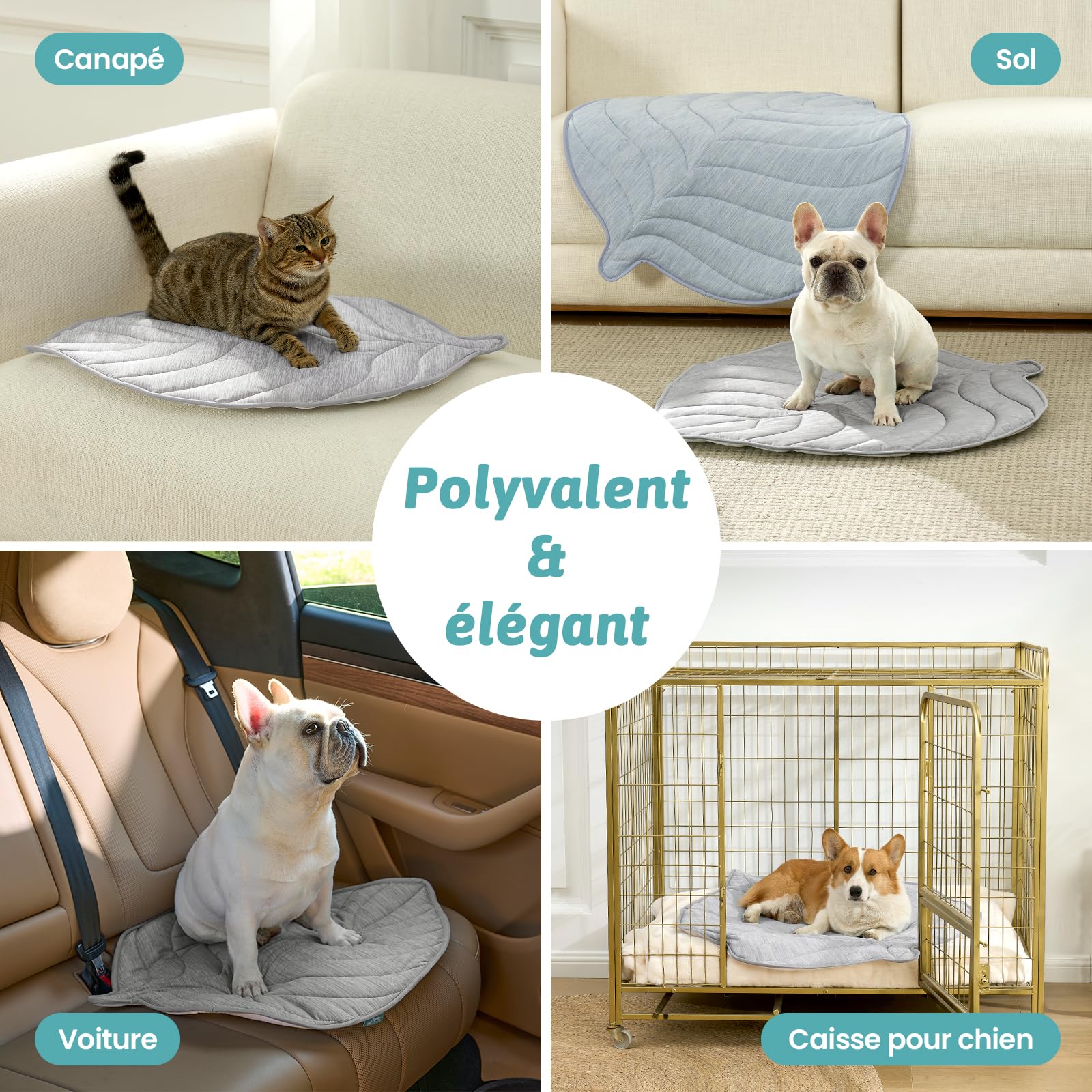 COZY KISS Coussin Rafraîchissant Chiens Chats 99x86cm, Tapis Refroidissement en Tissu sans Gel Q-Max>0.4, Auto-refroidissant, Imperméable Antidérapant Lavable, Forme Feuille, Gris