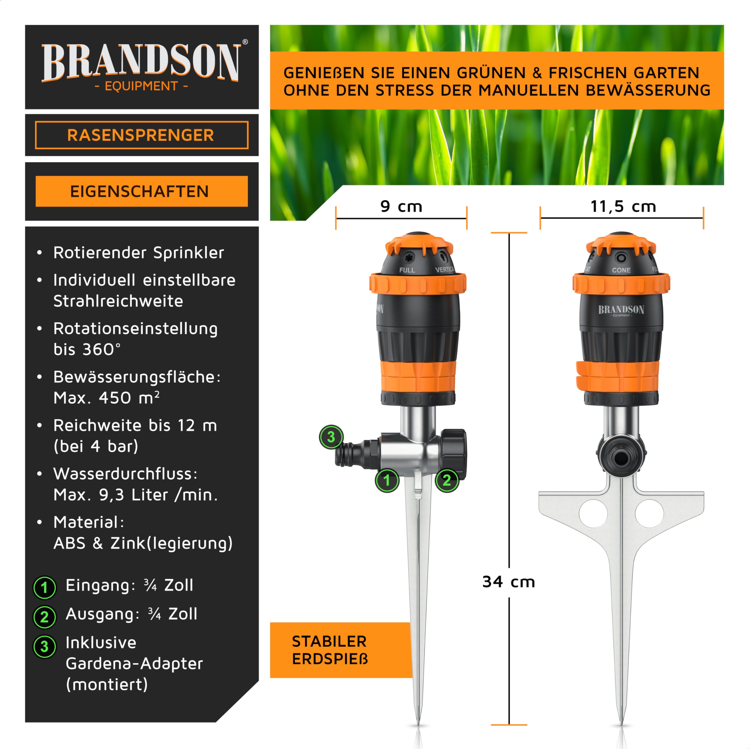 Brandson – Rasensprenger Rasensprinkler 360 Grad – fünf Sprühmuster – große Flächen – Gartensprenger 3/4 Zoll– einstellbare Sprühbreit – Edelstahl Erdspieß – einstellbare Sprühweite – Schmutzfilter