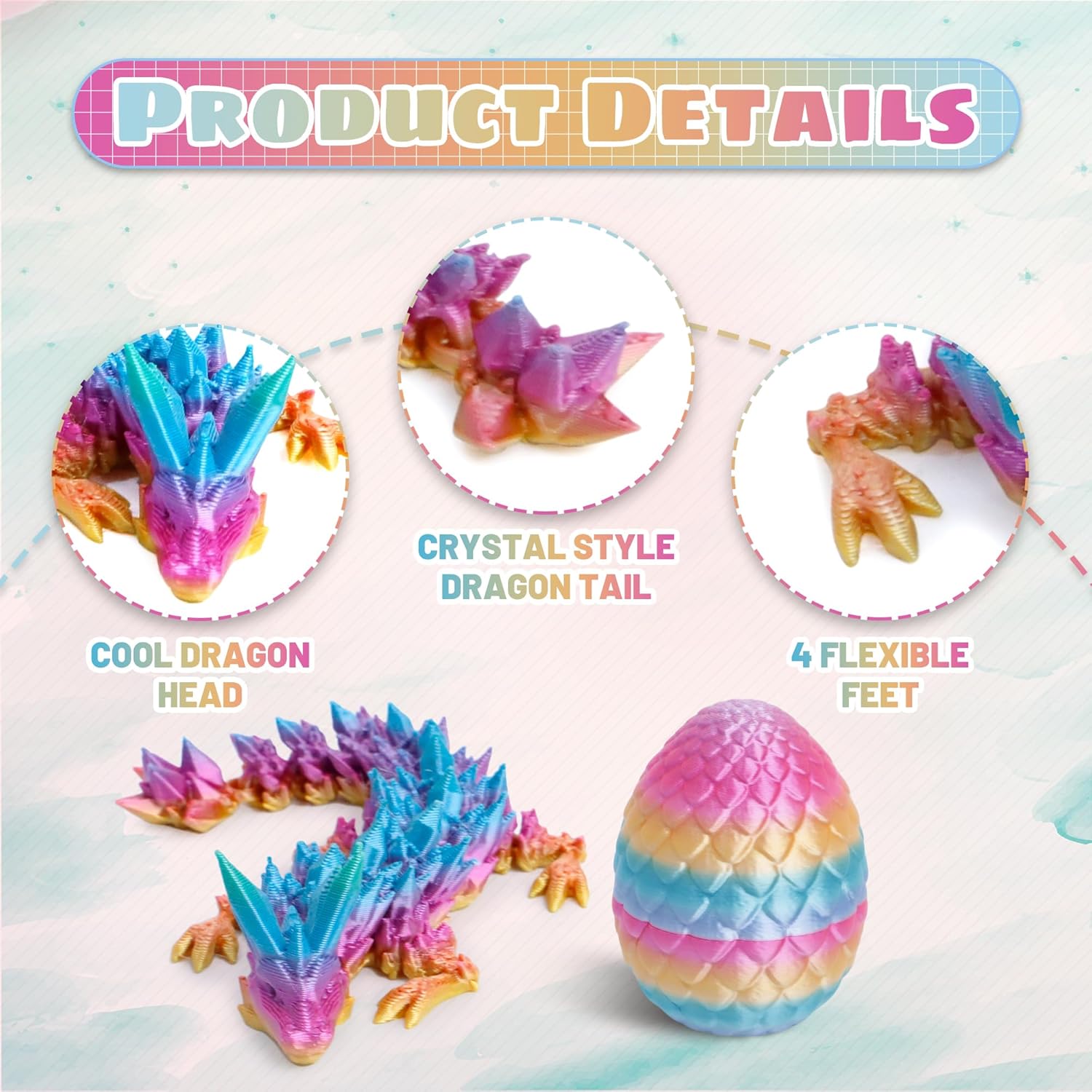 Easter Basket Stuffers - 6PCS 3D Printed Dragon Eggs with Dragon Inside, Mini Easter Egg Articulated Crystal Fidget Toy, Home Office Decor Executive Gift, Surprise 3D Printed Animals Toy Set (Set B)