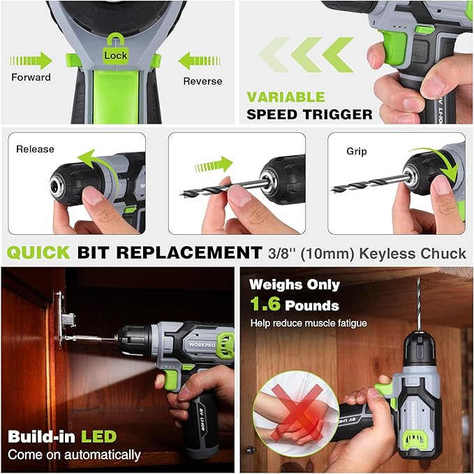 WORKPRO 8V Taladro Atornillador Inalámbrico con Juego de 53 Piezas miniatura 7
