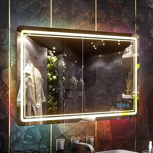 MDGC Espejo de baño LED inteligente de 40 x 24 pulgadas con luz delantera y trasera, espejos de pared de tocador regulables con antiniebla, a prueba